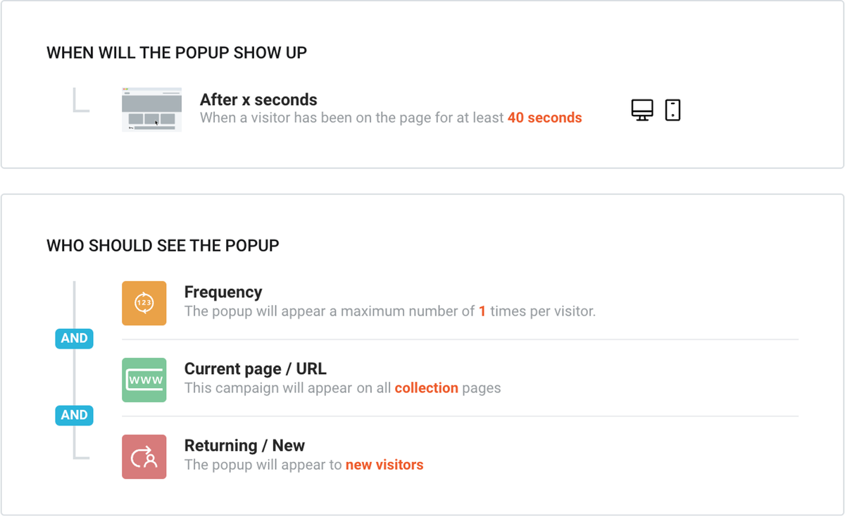Product recommendation popup settings