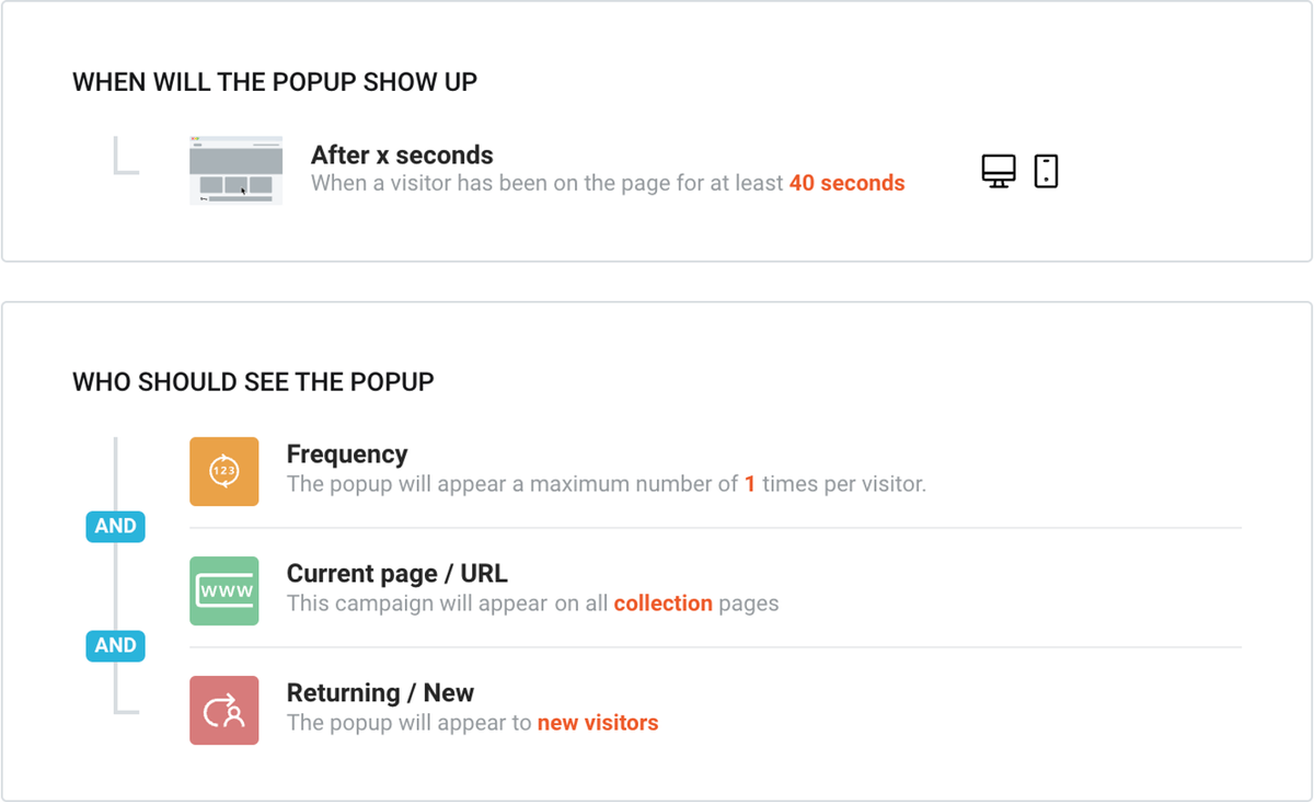 Product recommendation popup settings