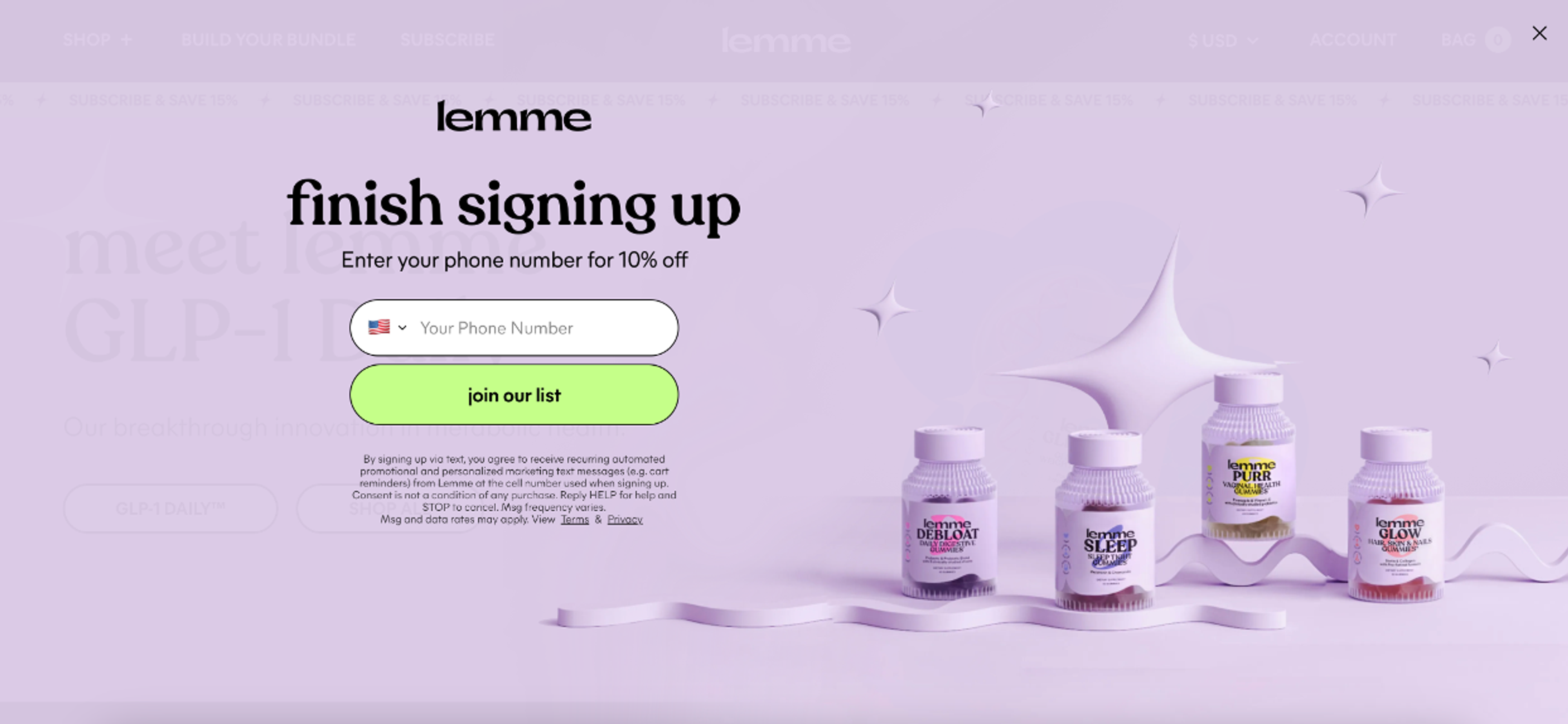 Lemme website popup seconds step asking for phone number