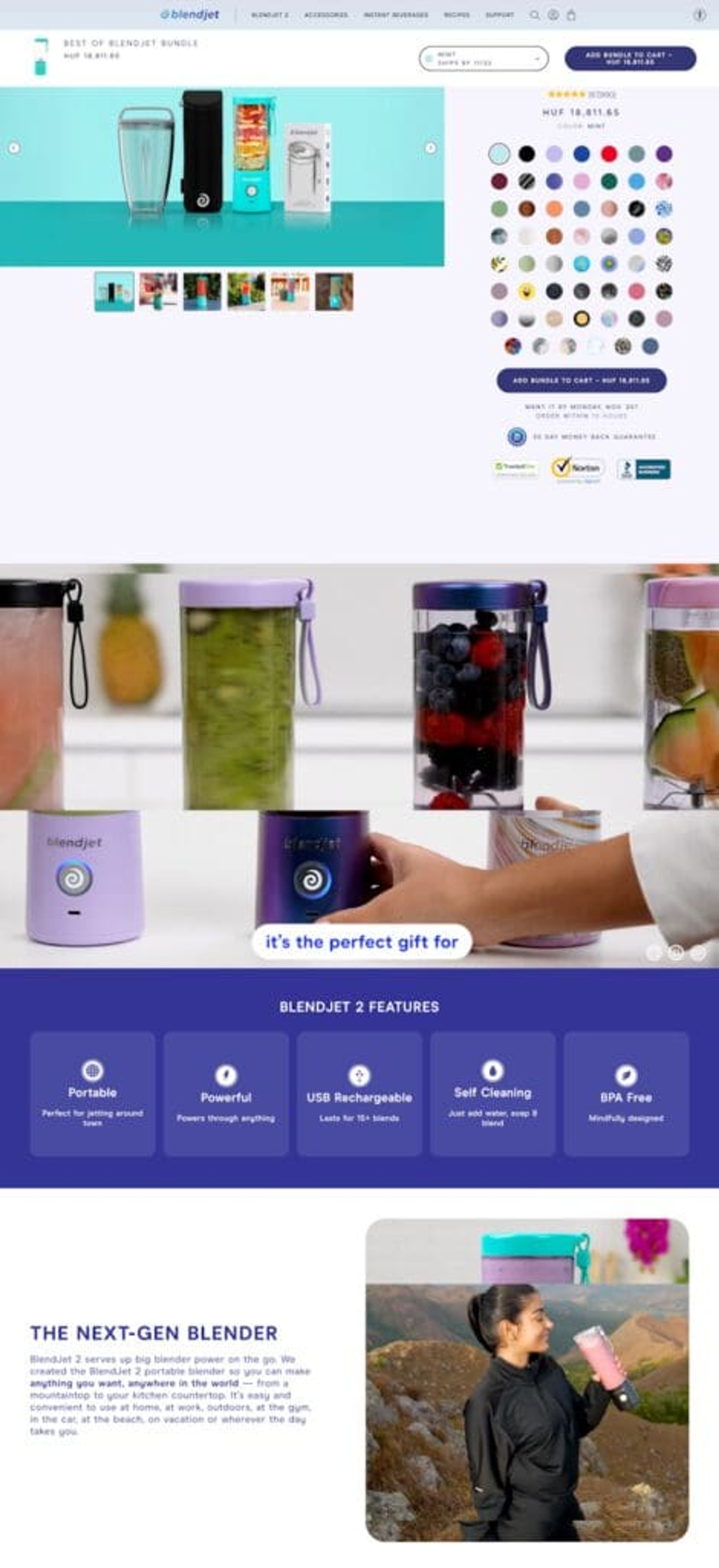 BlendJet's Shopify store landing page design is vibrant and shows variety of product options and customer testimonials.