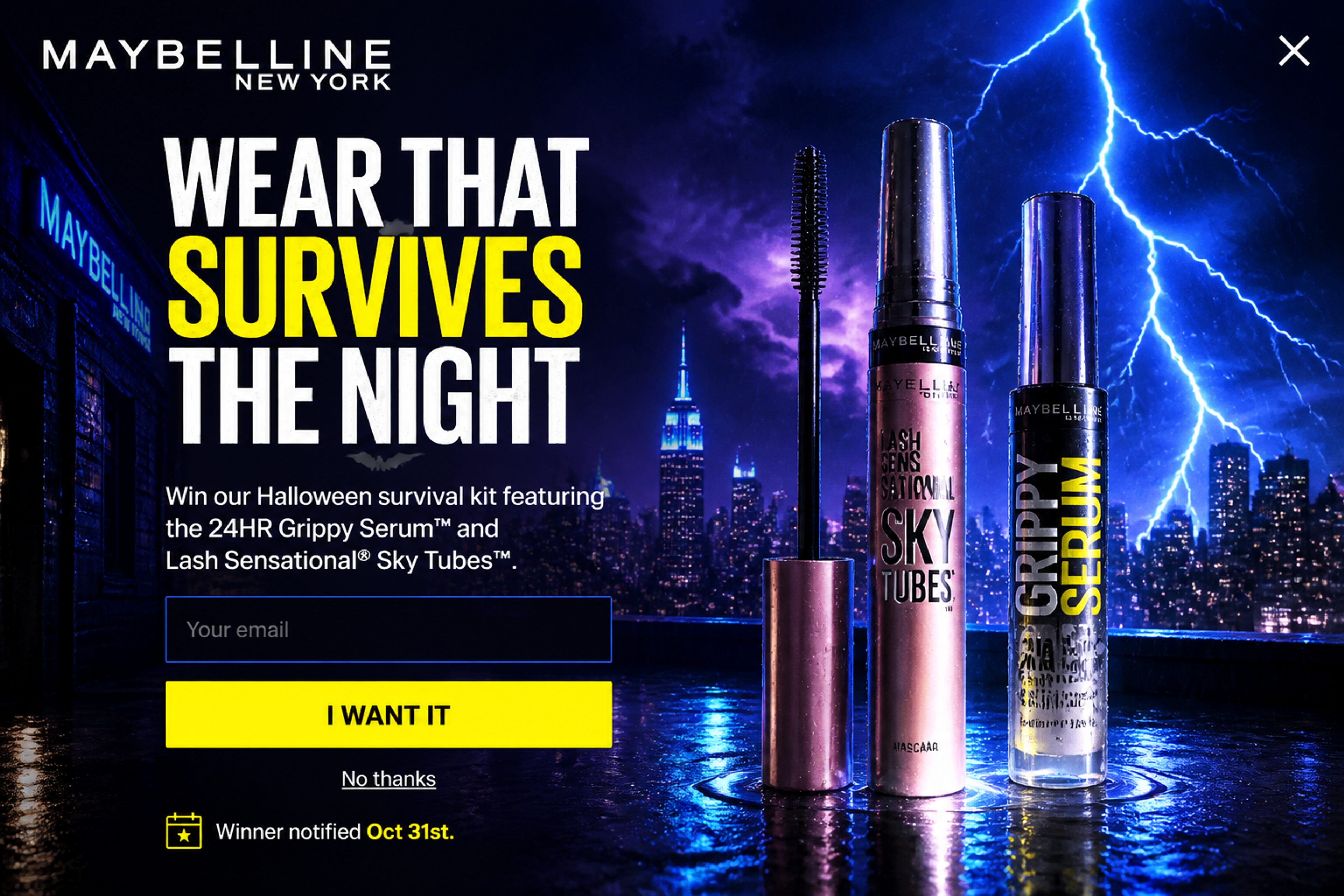 Fullscreen Halloween giveaway popup designed for Maybelline to win a makeup survival kit