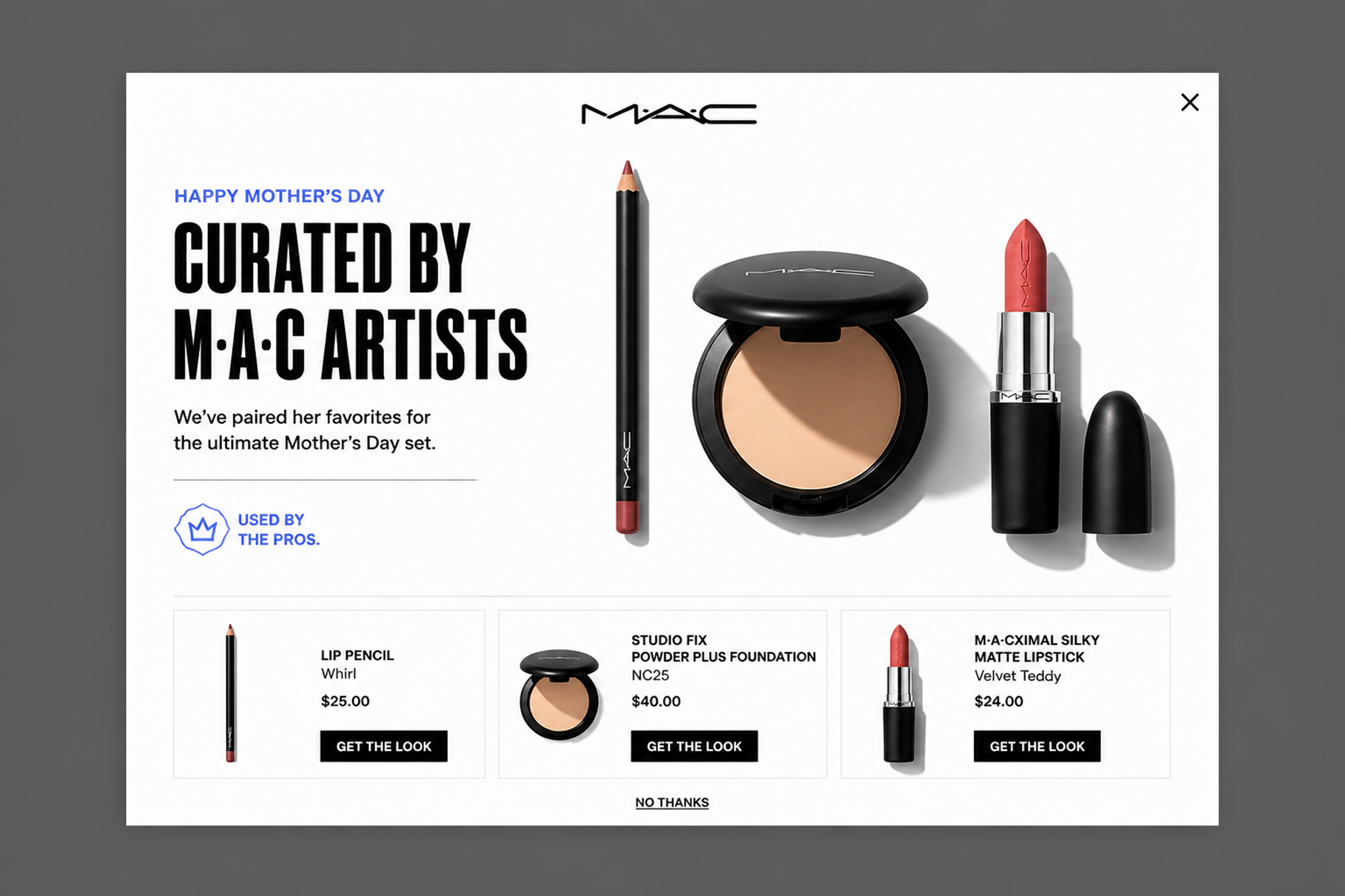 Mother's Day popup pairing a lip pencil, powder and lipstick with a Get the look button under each product