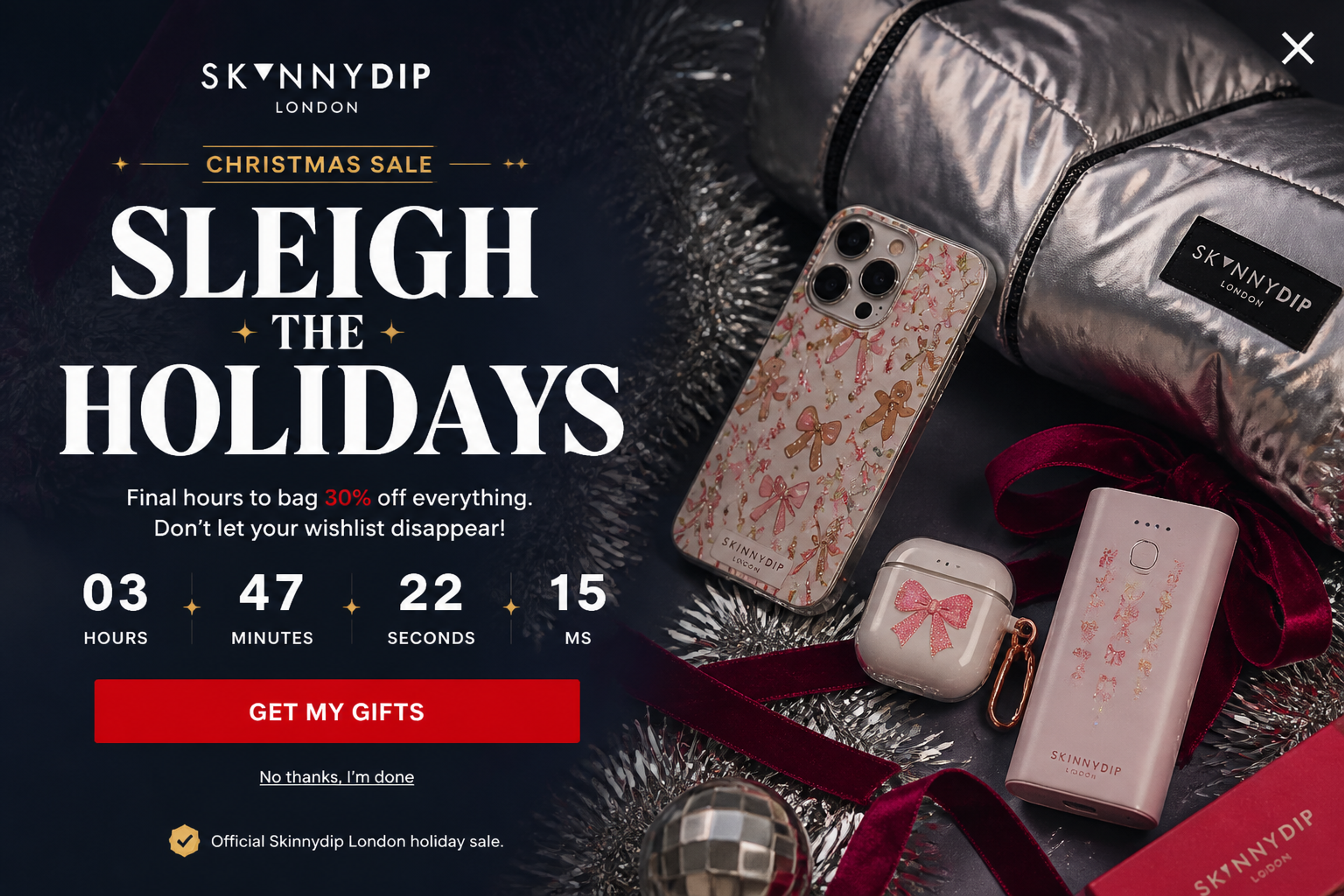 Fullscreen Christmas sale popup with a countdown timer to the end of the offer