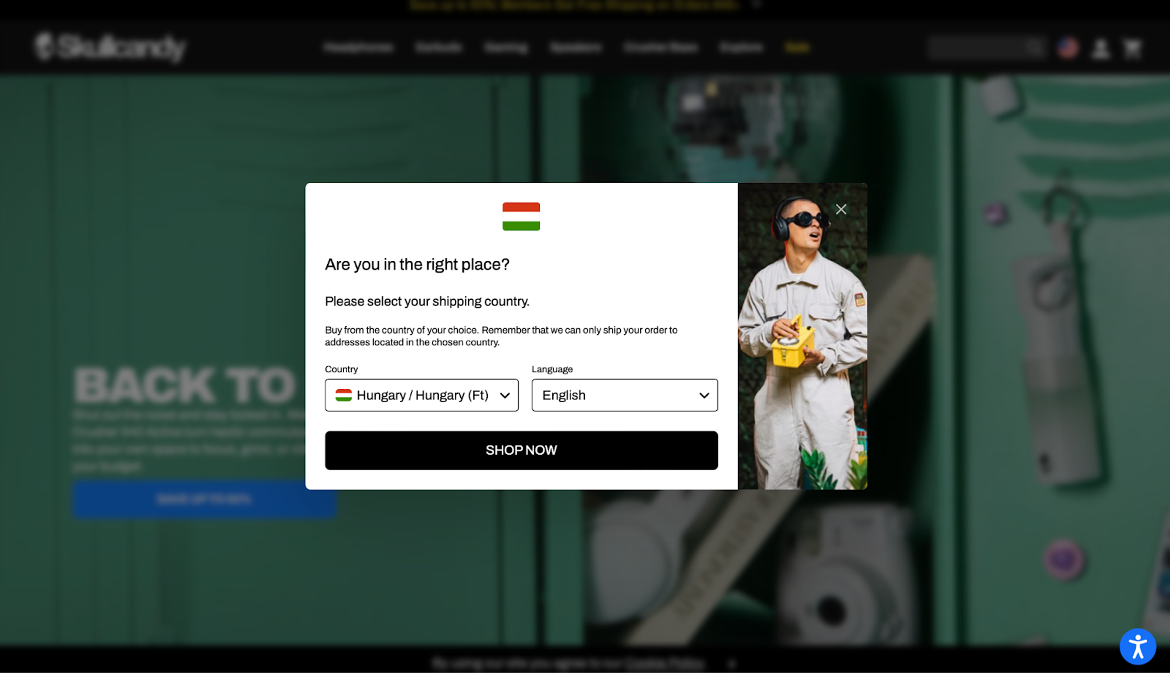 Skullcandy redirect popup to the correct website for your country