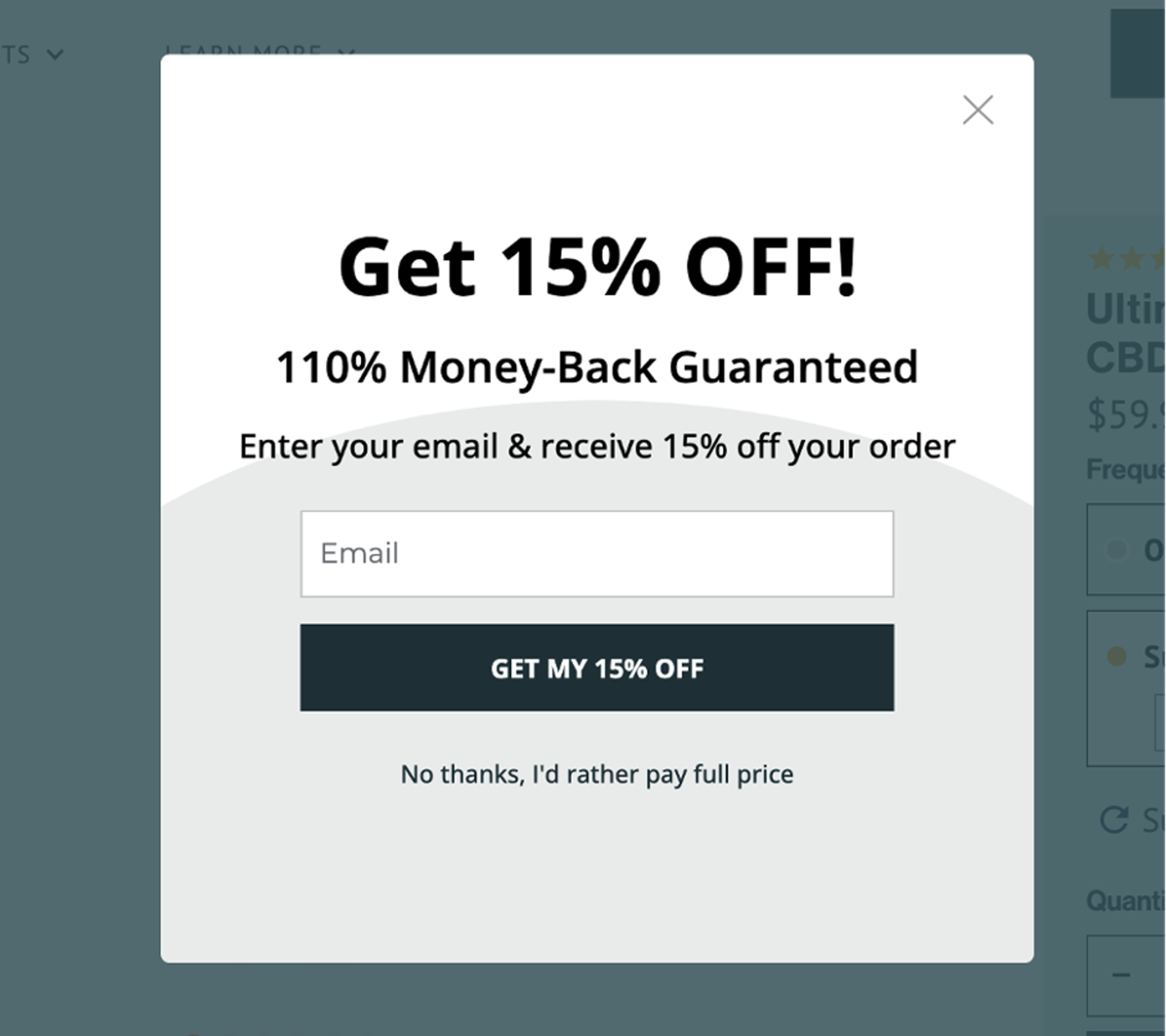 A pop-up offering money-back guarantee for customers