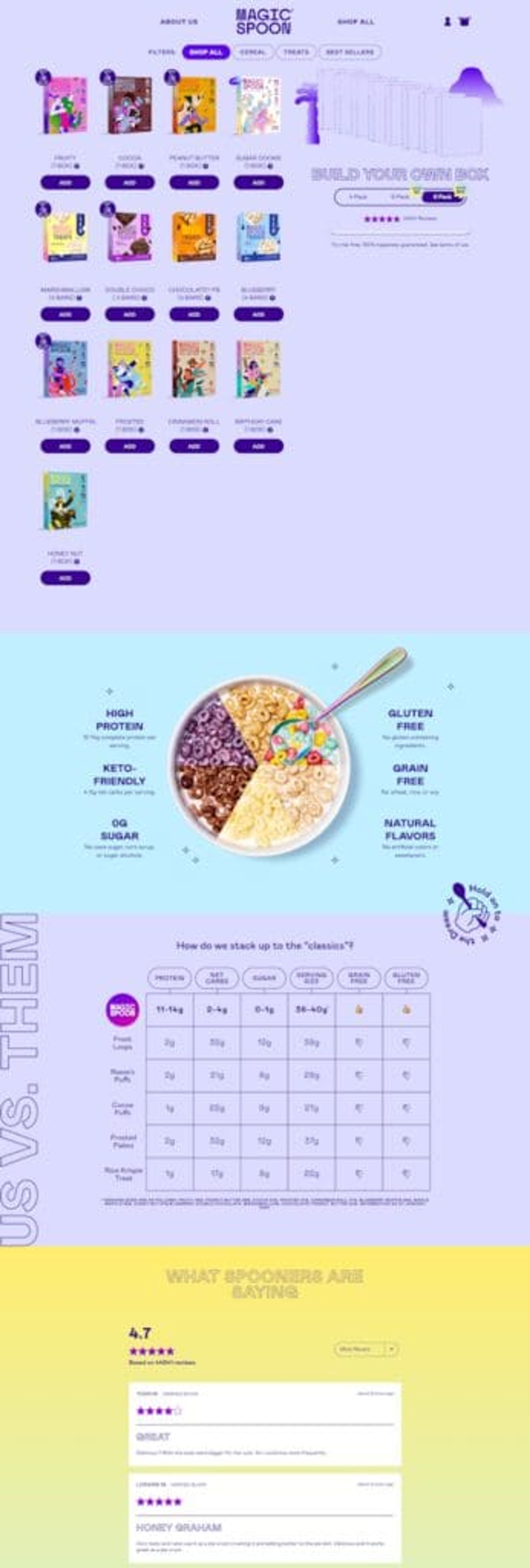 Magic Spoon's product landing page example includes a comparison chart and its fun and informative. V