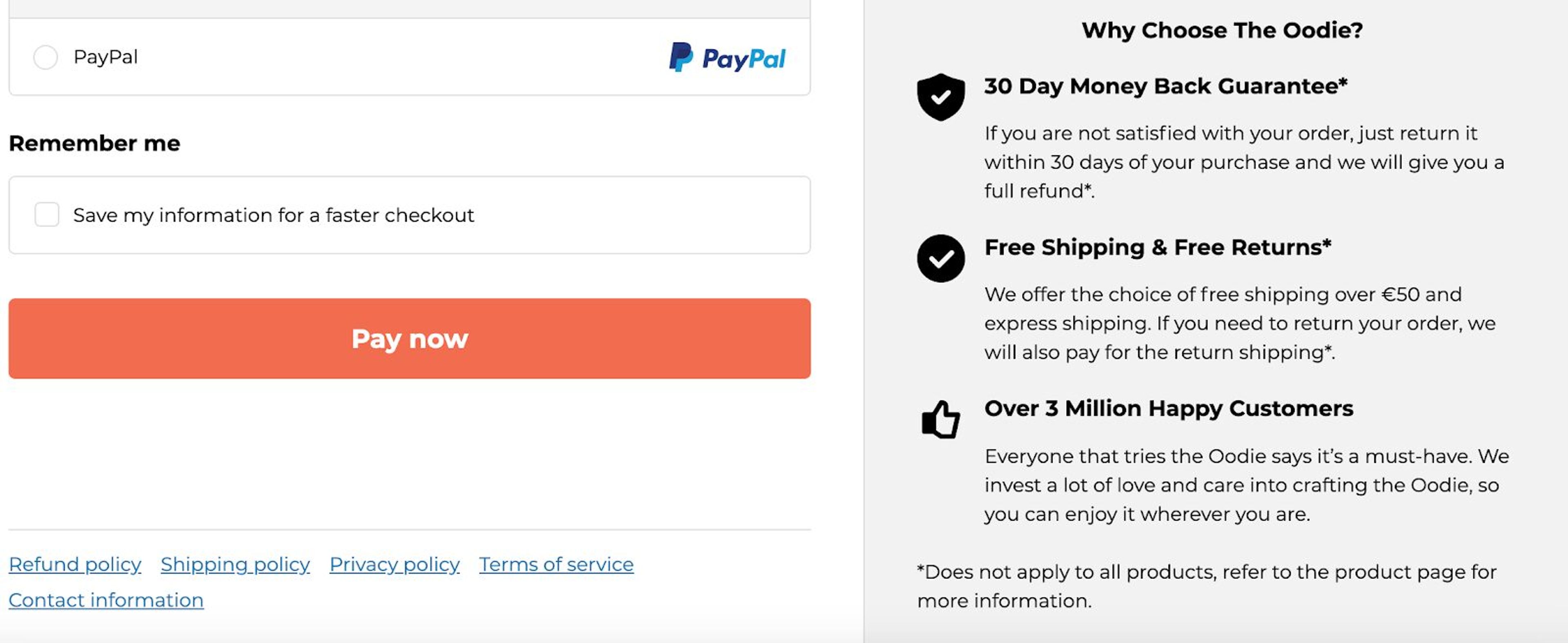 Oodie's checkout page clearly communicates to customers their returns and money back guarantee.