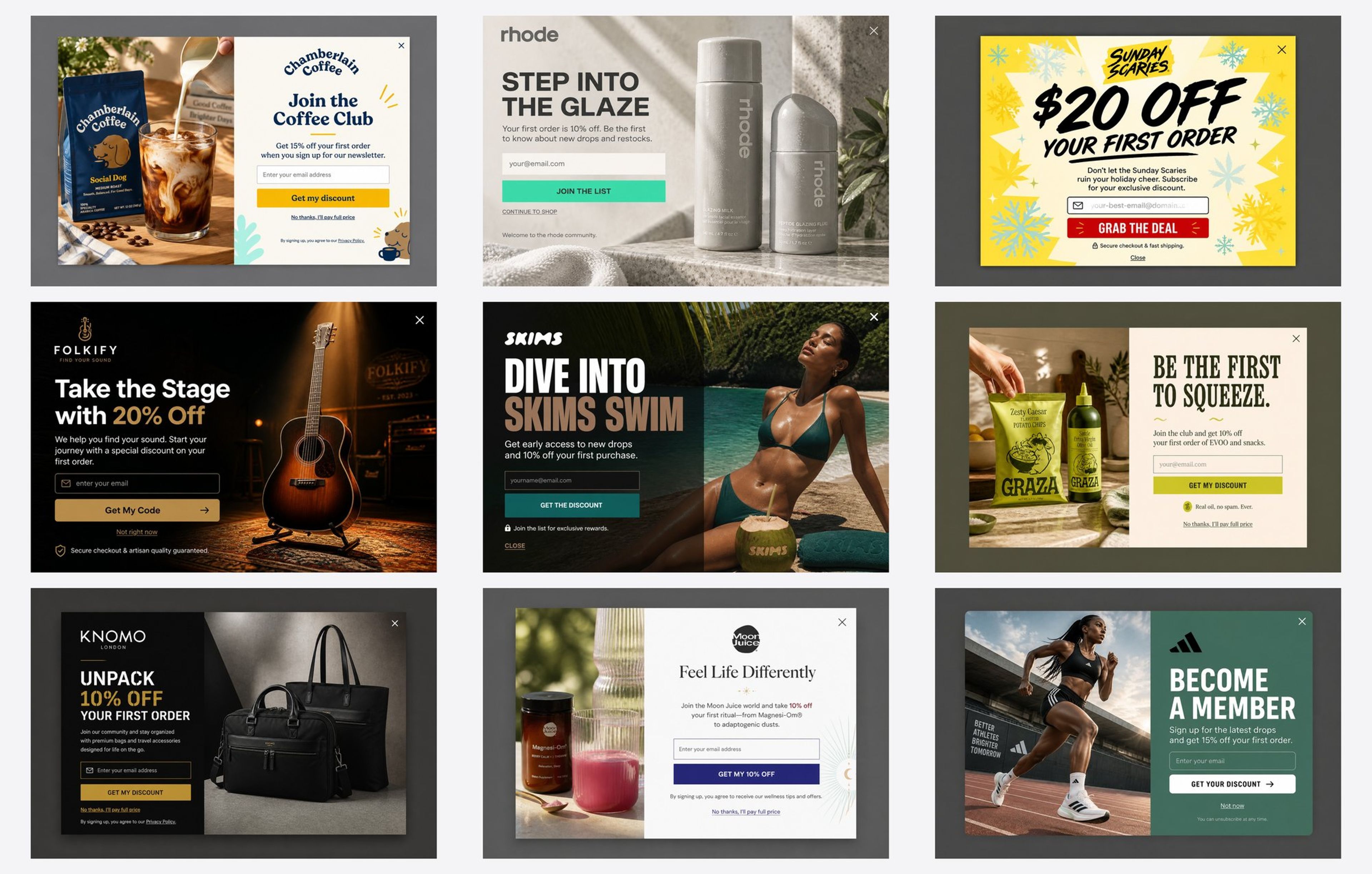 Nine welcome popup examples designed for Chamberlain Coffee, rhode, Sunday Scaries, Folkify, SKIMS, Graza, Knomo, Moon Juice and adidas