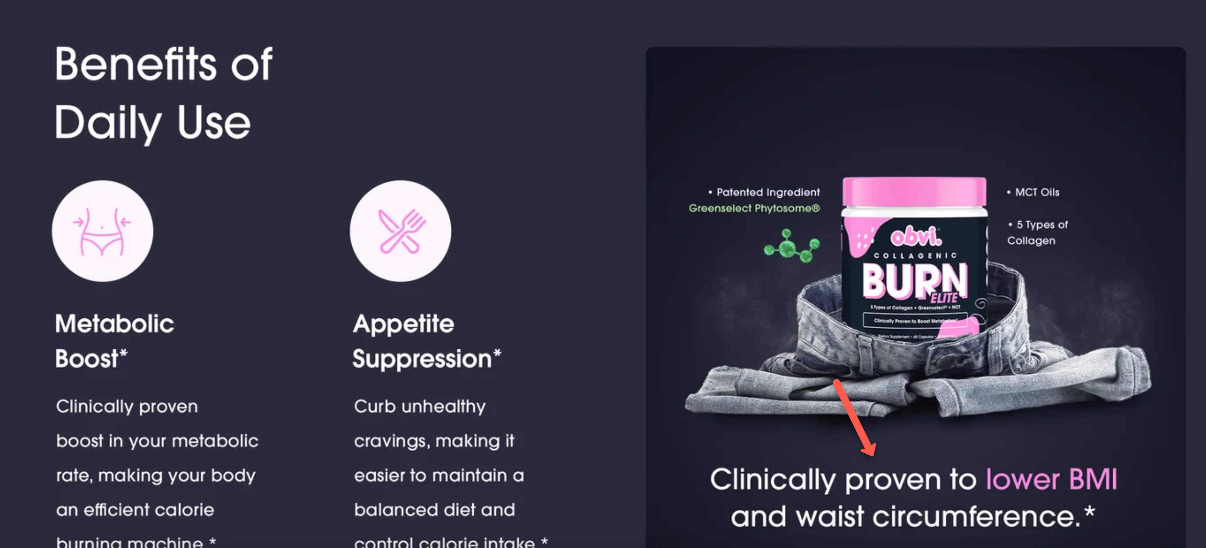 Obvi website example using words that sell