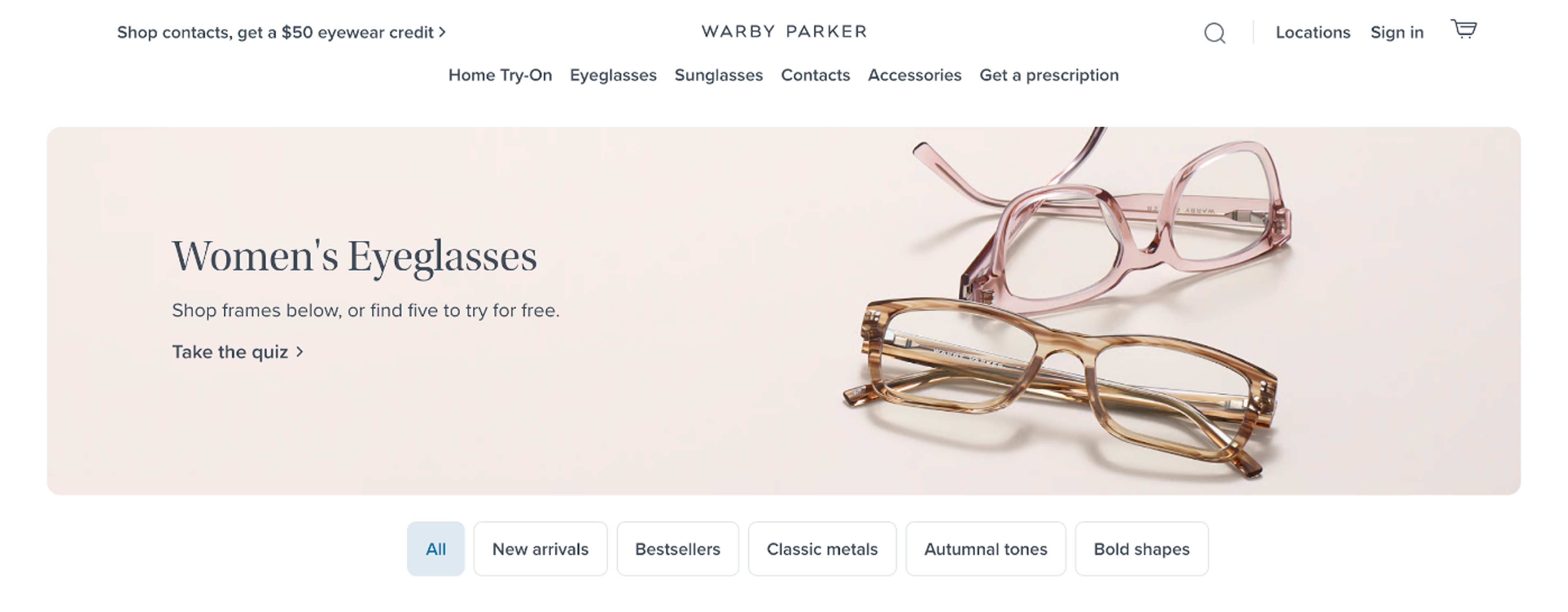 Warby Parker quiz on category page