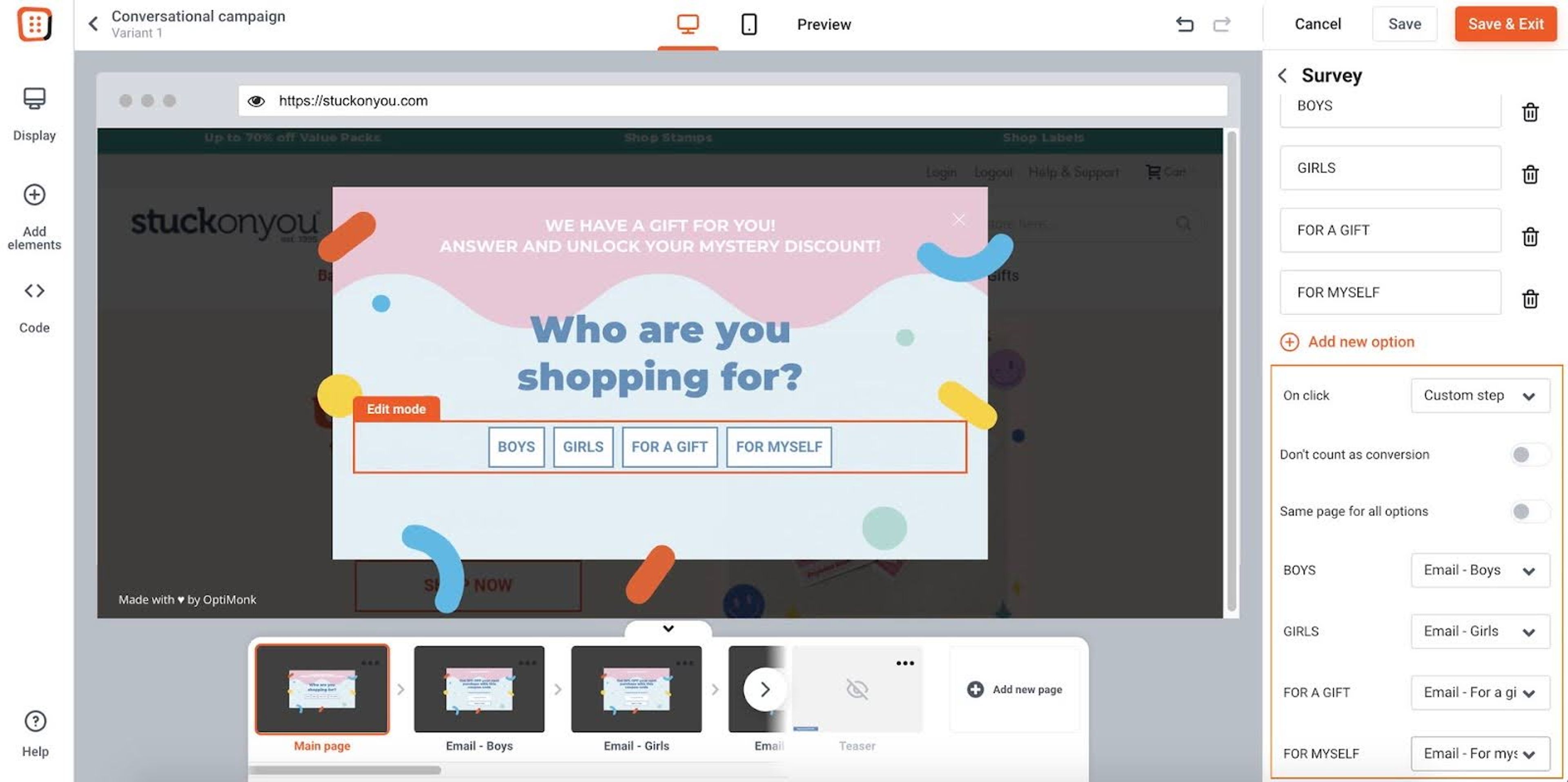 Create an online quiz in OptiMonk's drag and drop editor to generate leads in your target market.