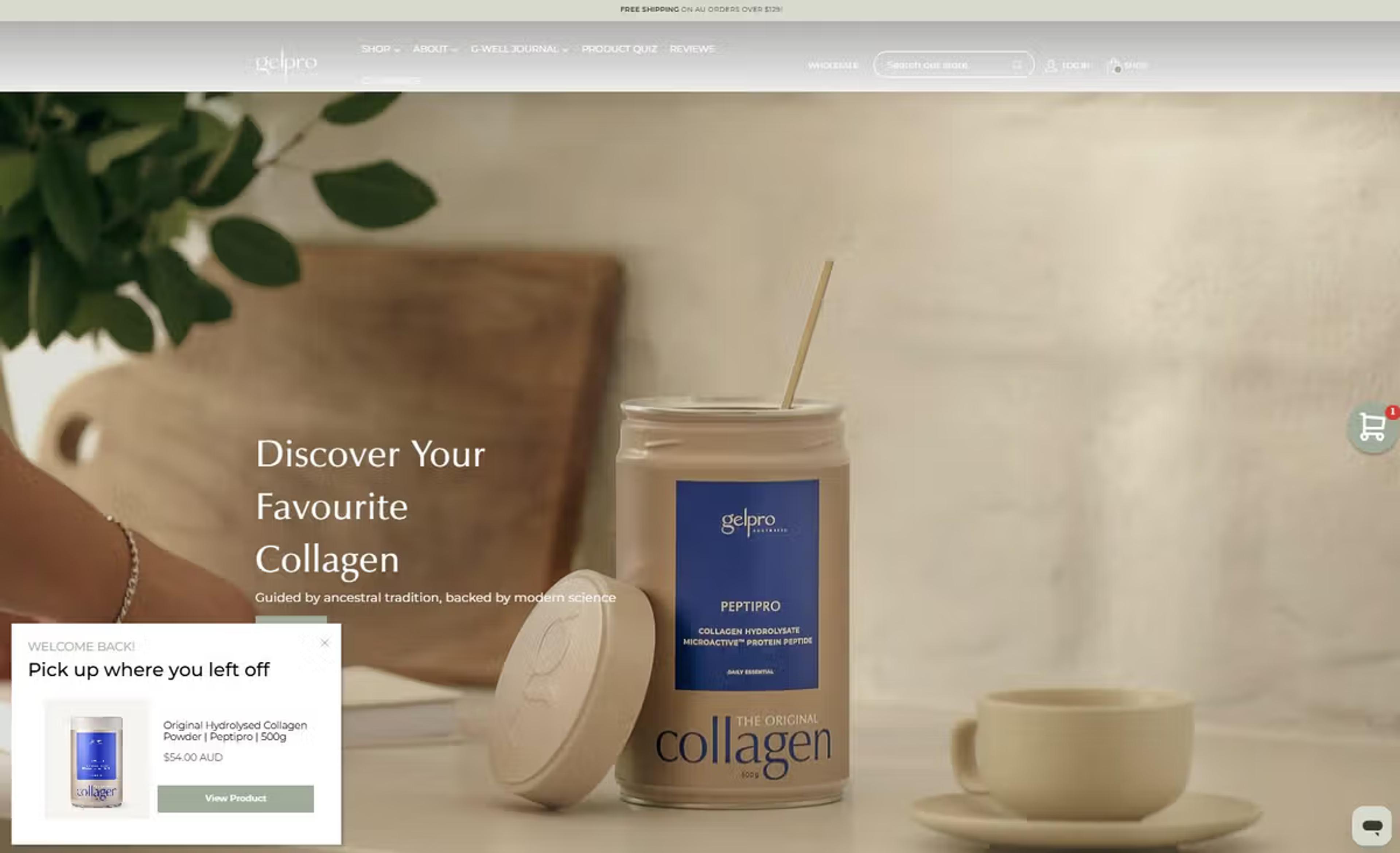 Gelpro Australia using a browsing reminder on their website