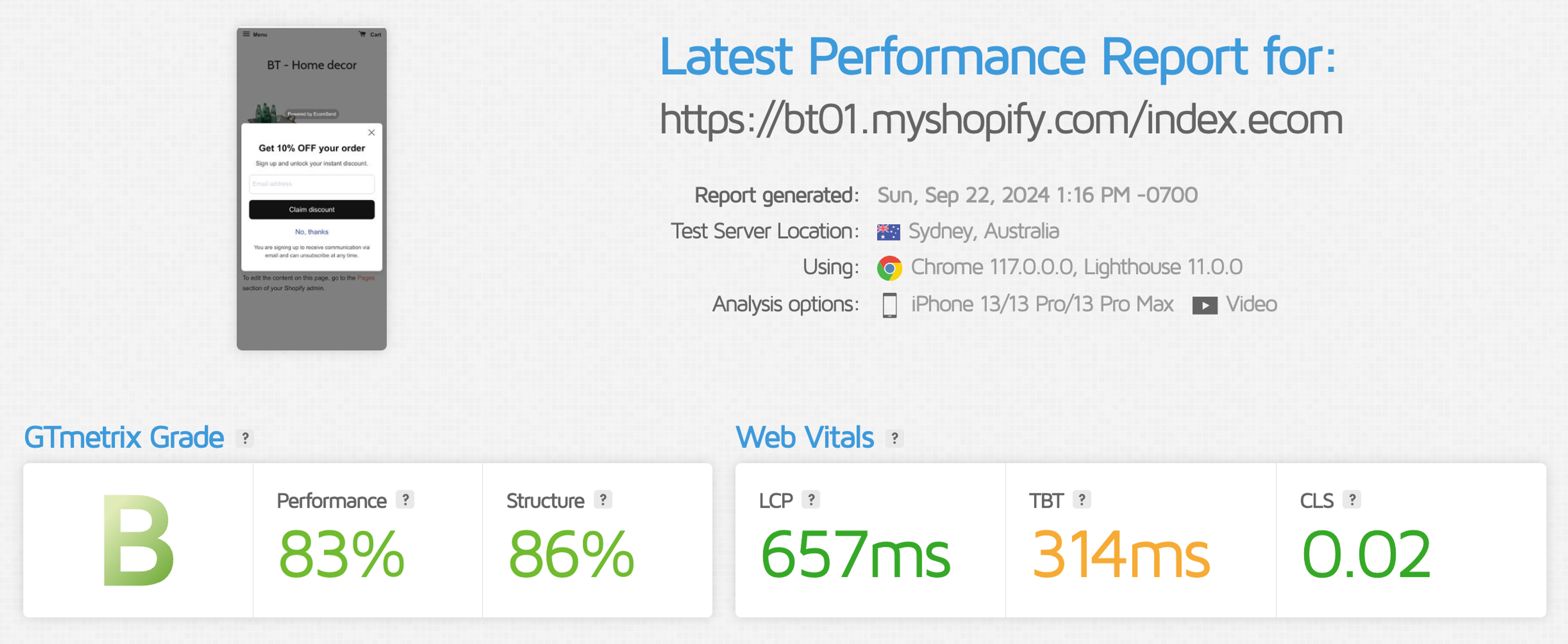 Ecomsend GTMetrix page speed results