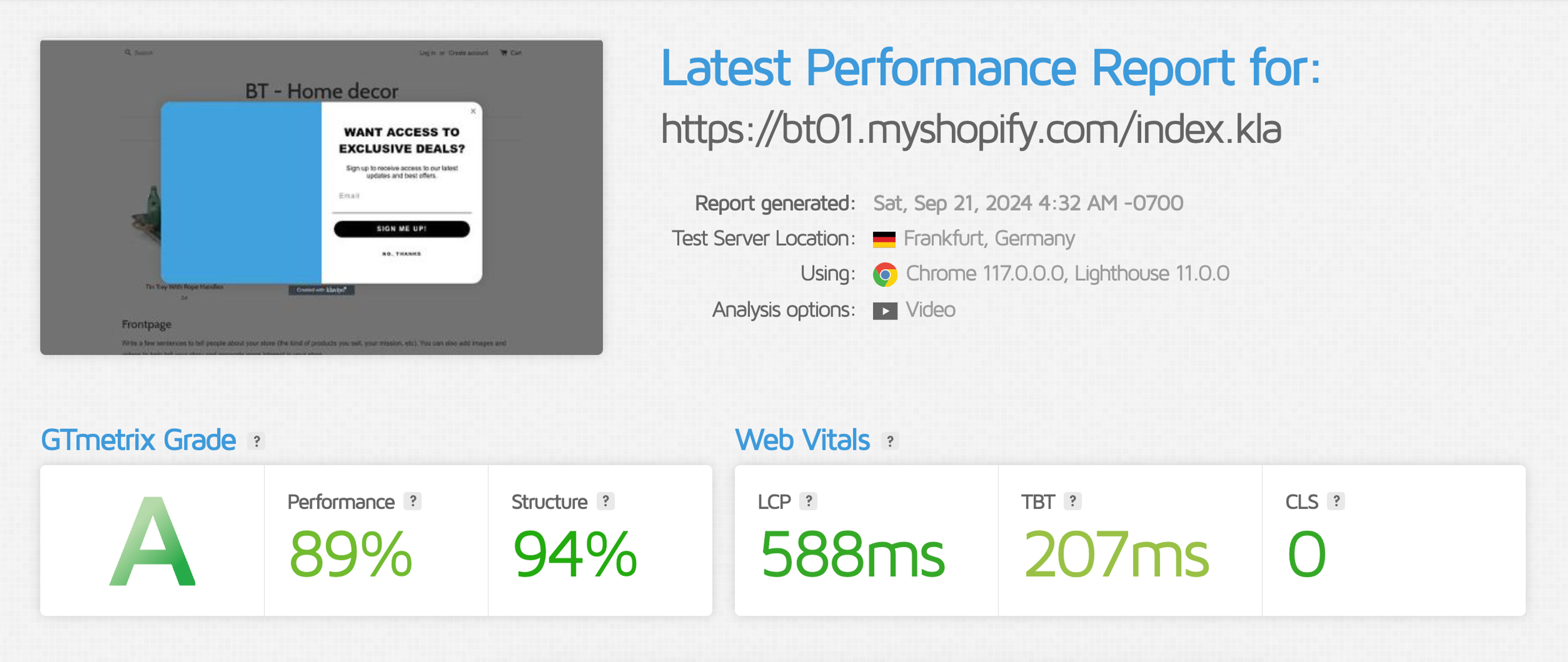 Klaviyo GTMetrix page speed results