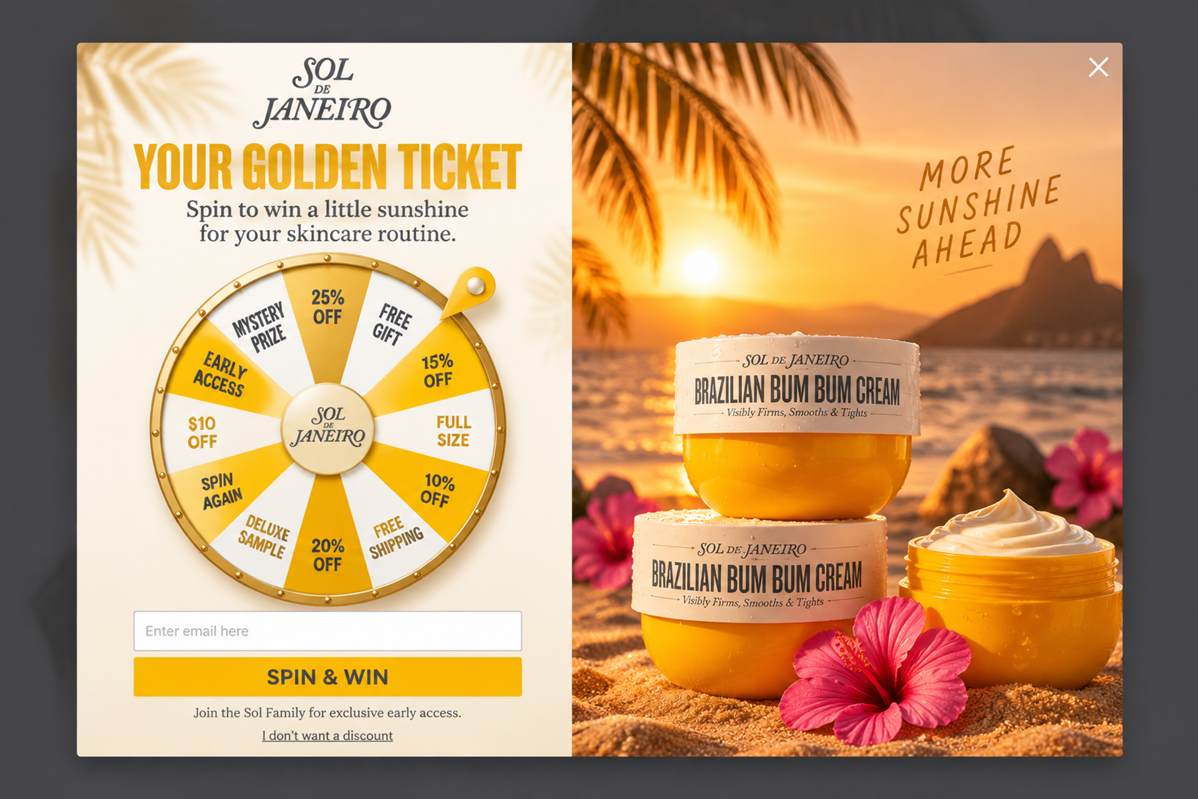Spin-to-win wheel popup with the headline "Your golden ticket", yellow and white slices and product jars at sunset