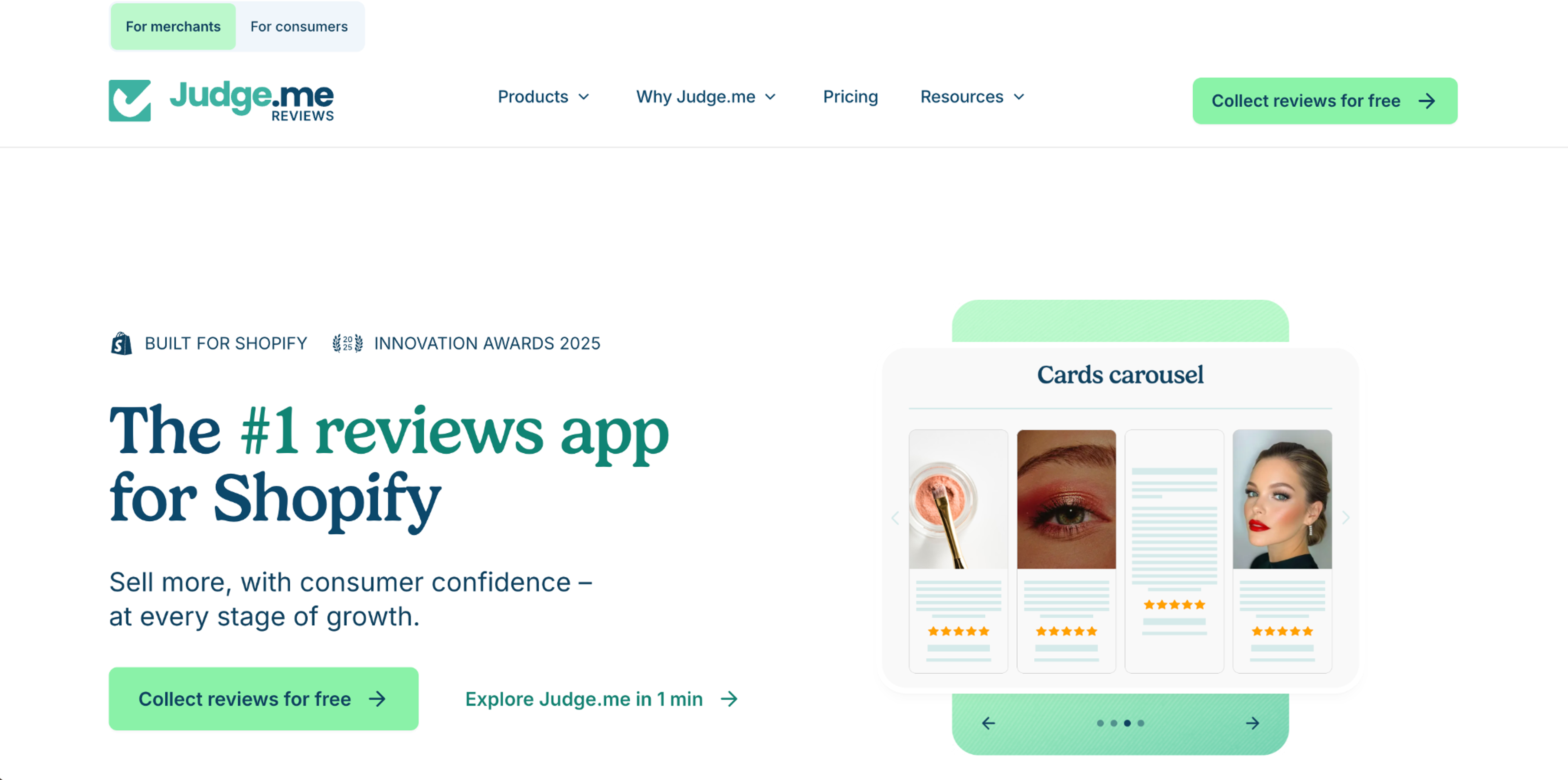 Judge.me homepage, a product reviews app for Shopify