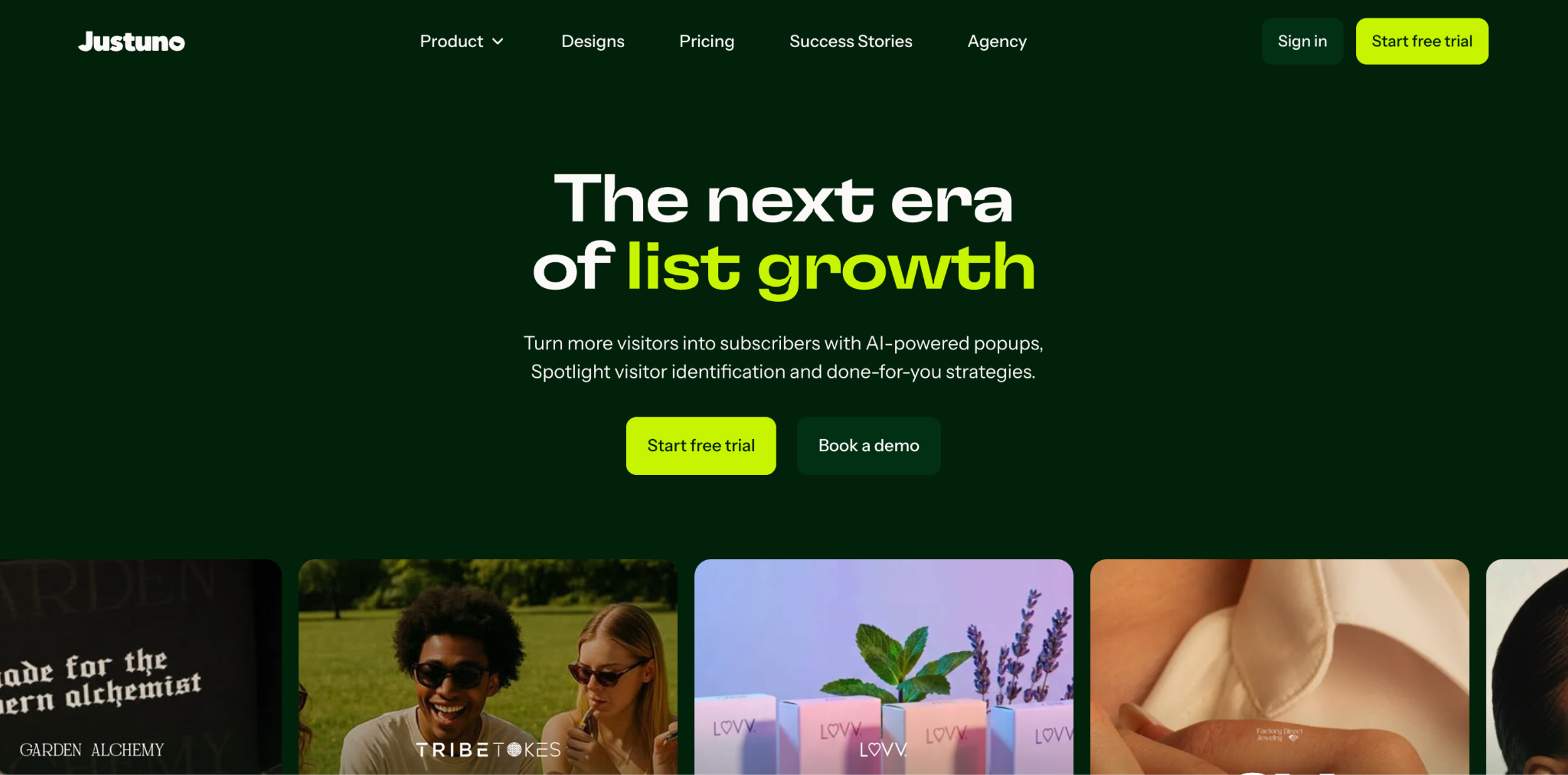 Justuno homepage about AI-powered popups and done-for-you strategies for list growth