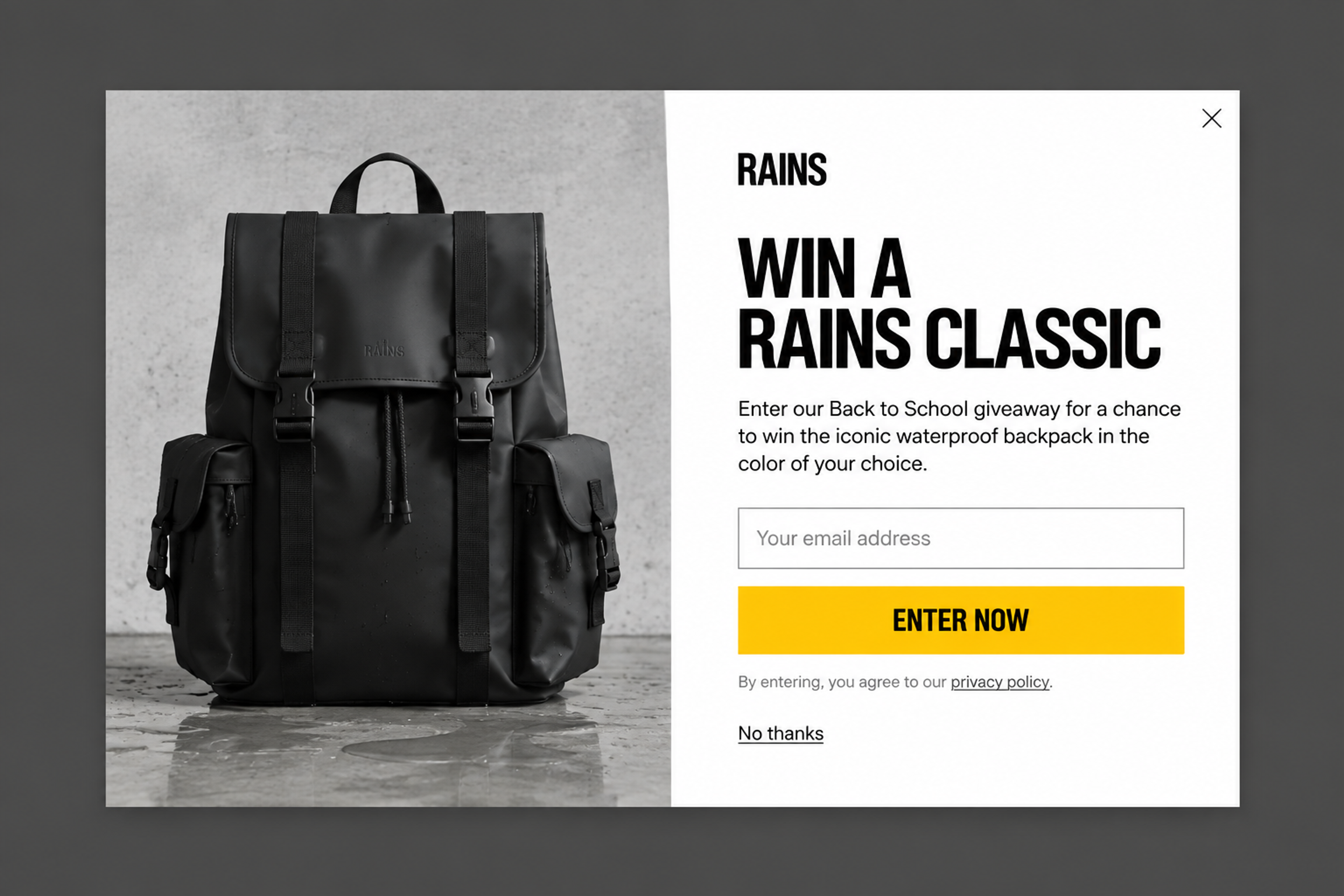 Giveaway popup to win a waterproof backpack, email field and Enter now button