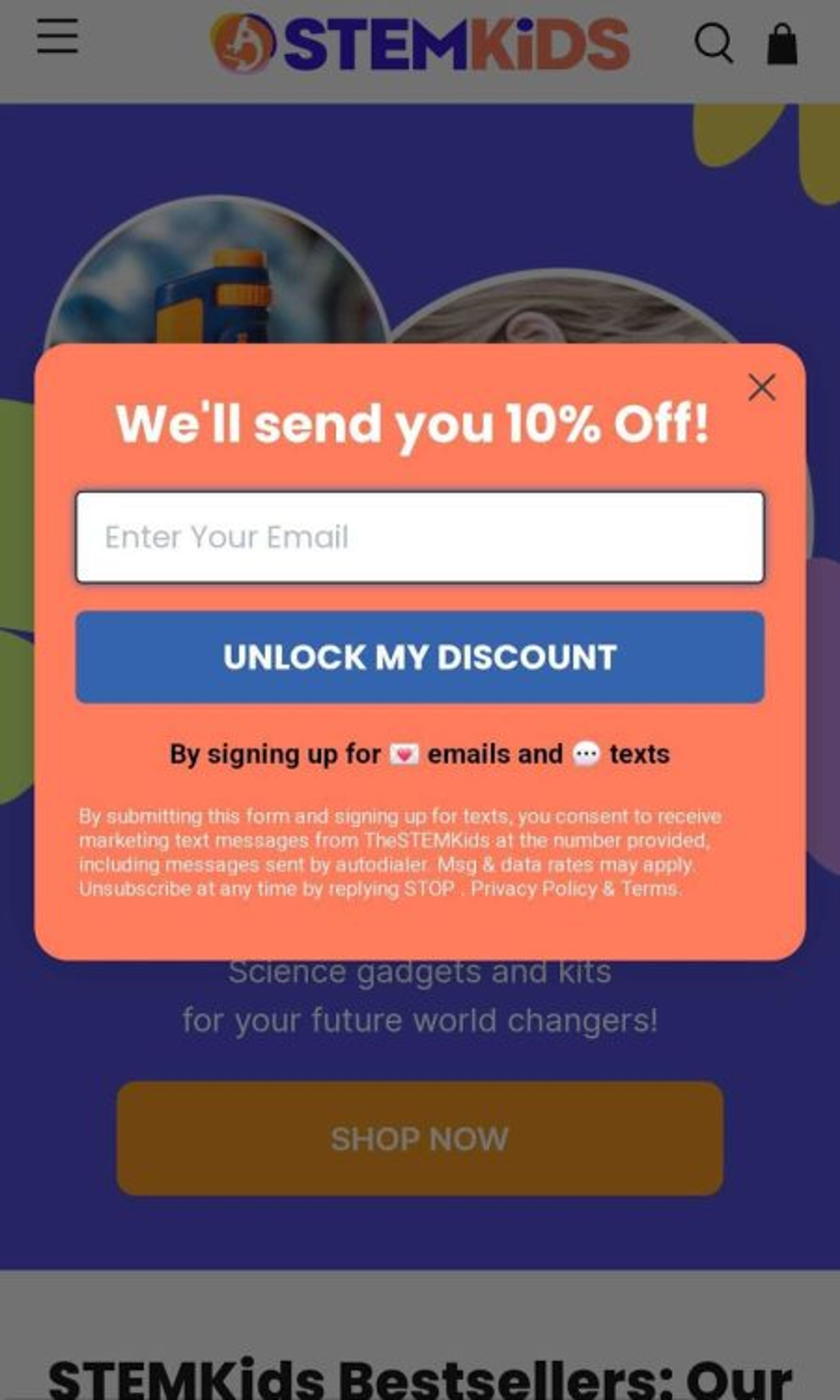 TheStemkid's mobile popup's second page is where the website visitor can opt in