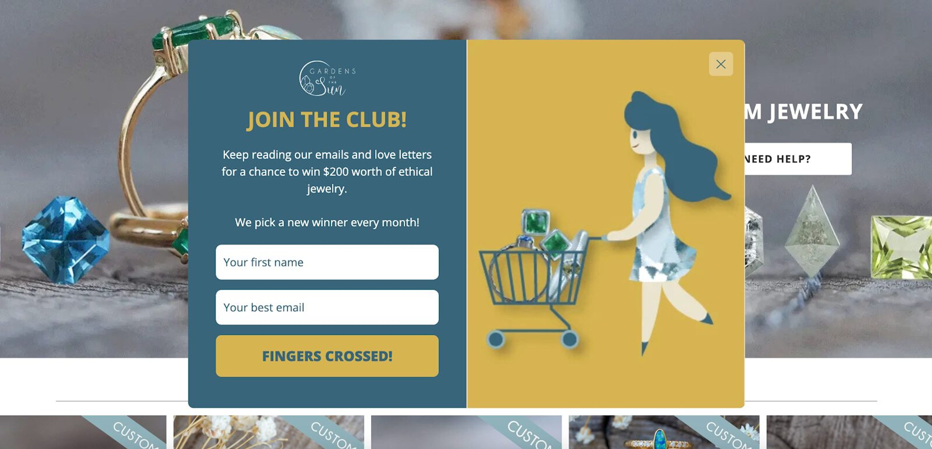 Gardens of the Sun's giveaway lead capture popup: A lead capture popup form offering a chance to win $200 worth of jewelry, designed to capture leads and attract potential customers.