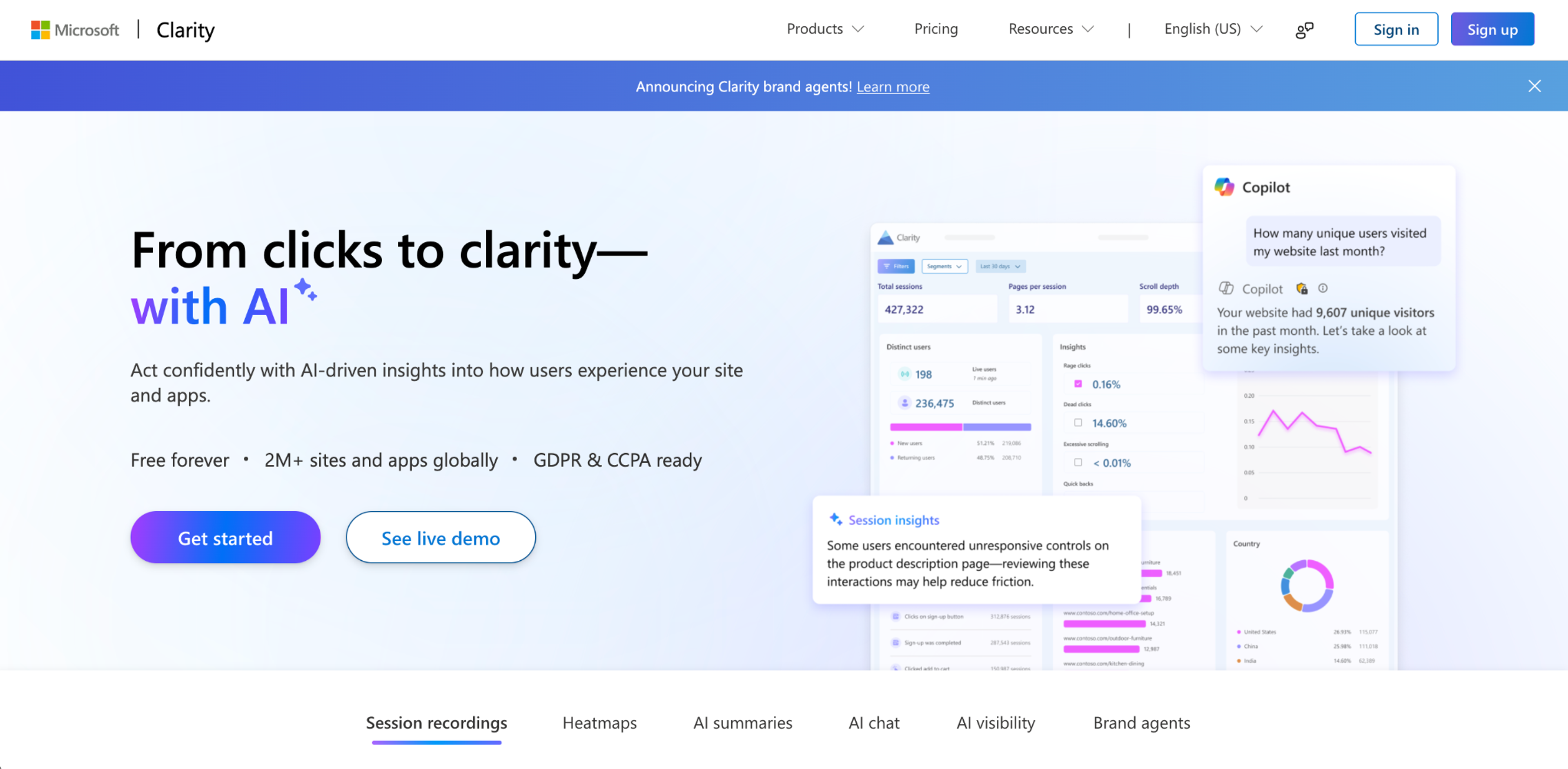 Microsoft Clarity homepage with session recordings, heatmaps and AI summaries