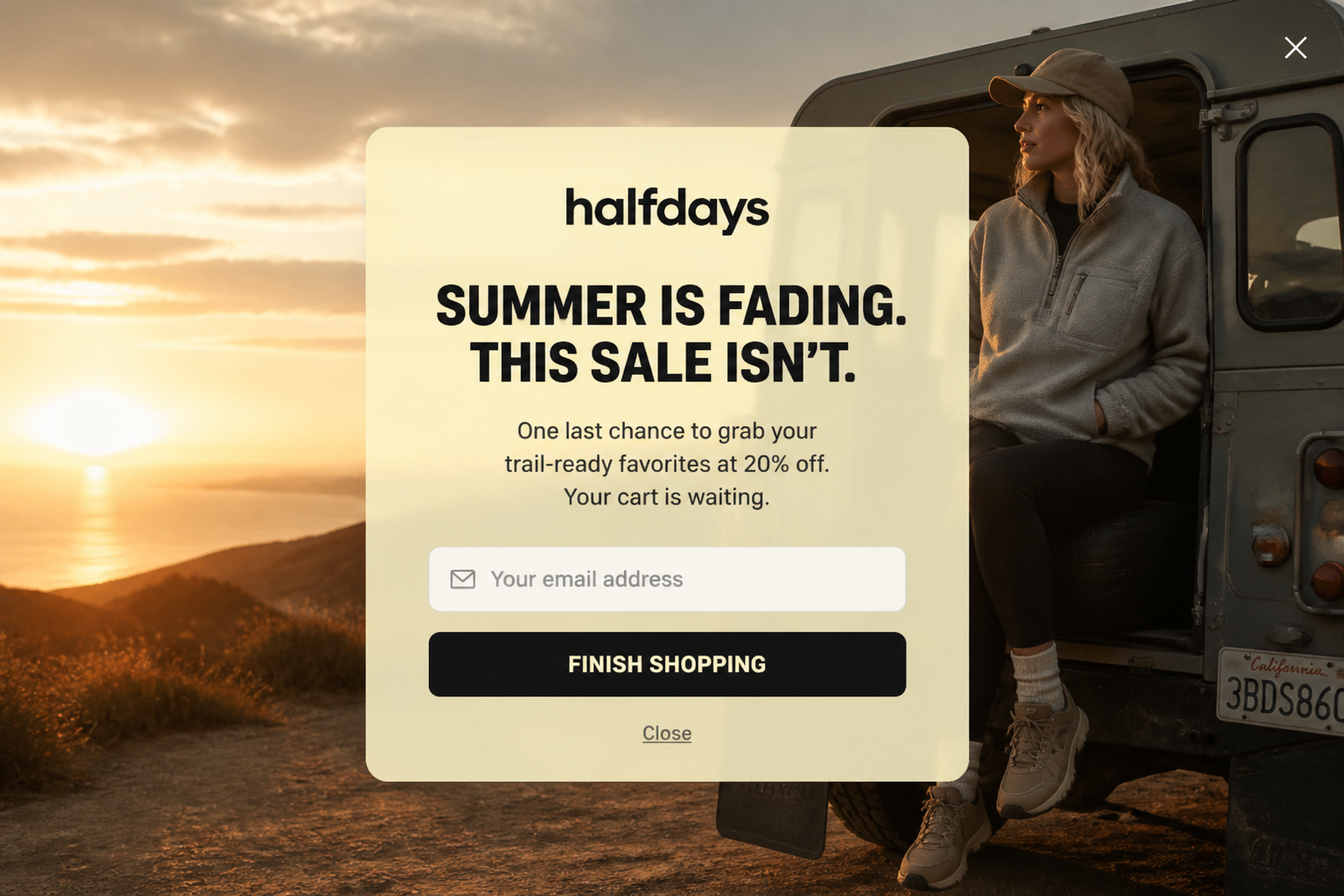 Fullscreen end-of-season exit-intent popup "Summer is fading. This sale isn't." with 20% off and a cart reminder, designed for Halfdays