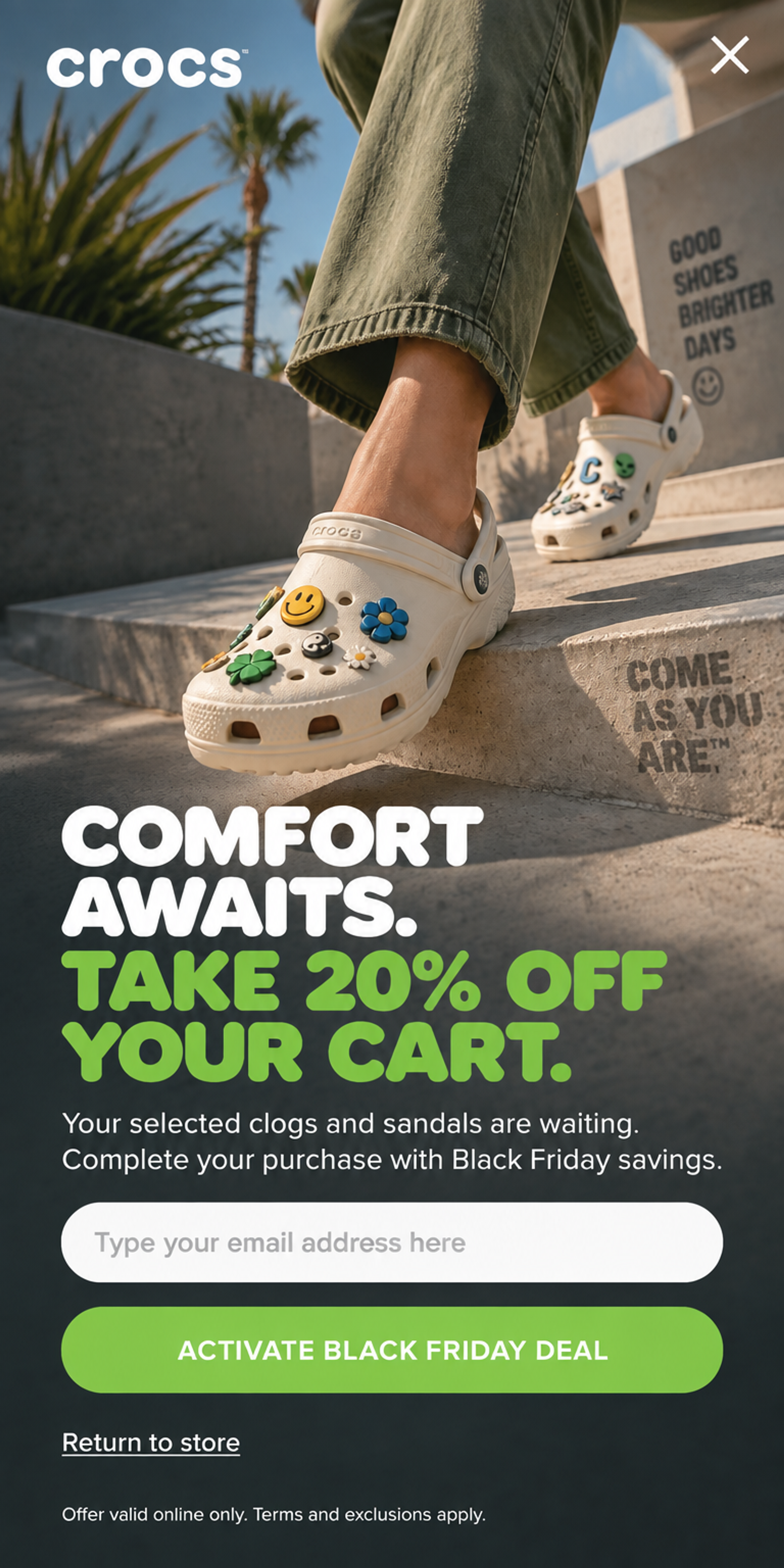Mobile fullscreen exit-intent popup with 20% off the cart, a product photo on top and a full-width button, designed for Crocs