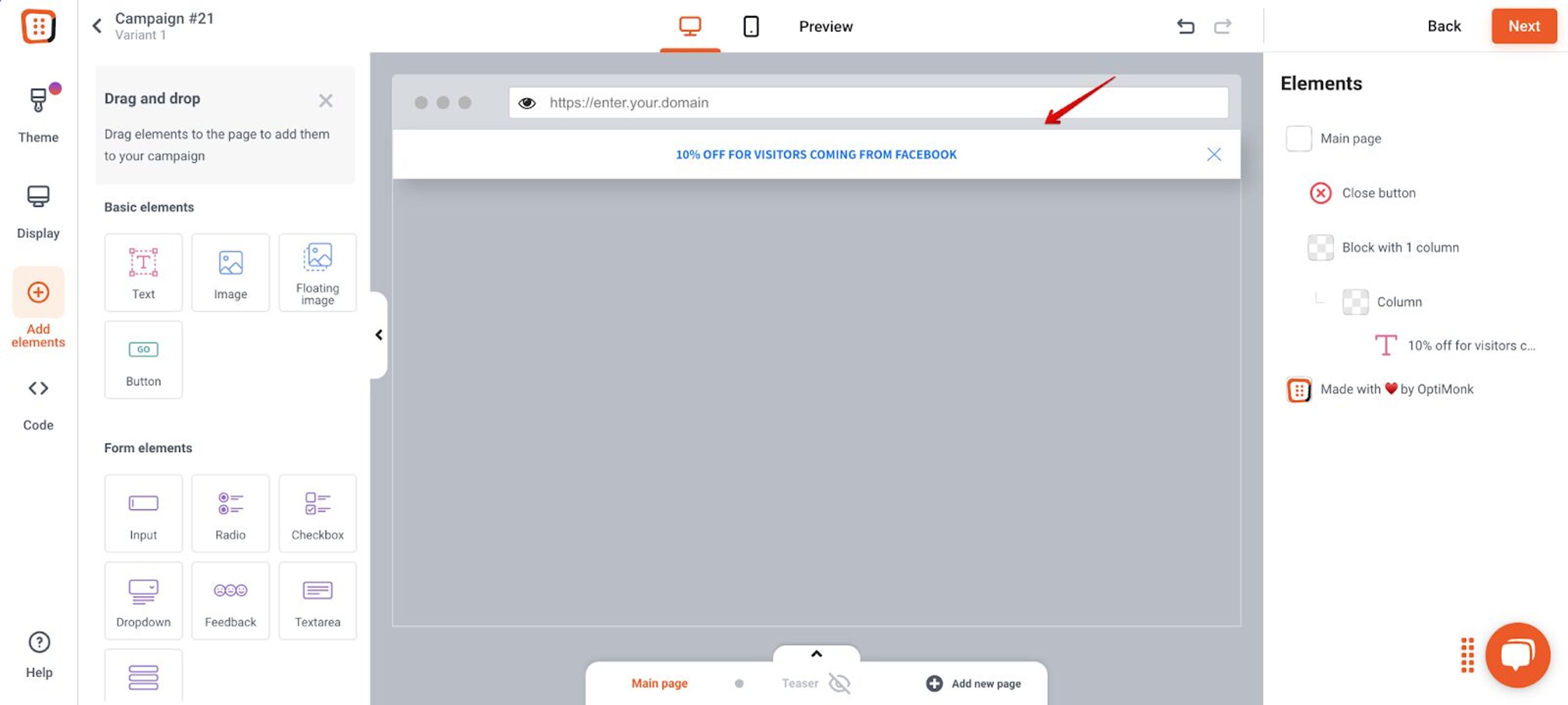 Include a countdown timer in the OptiMonk editor