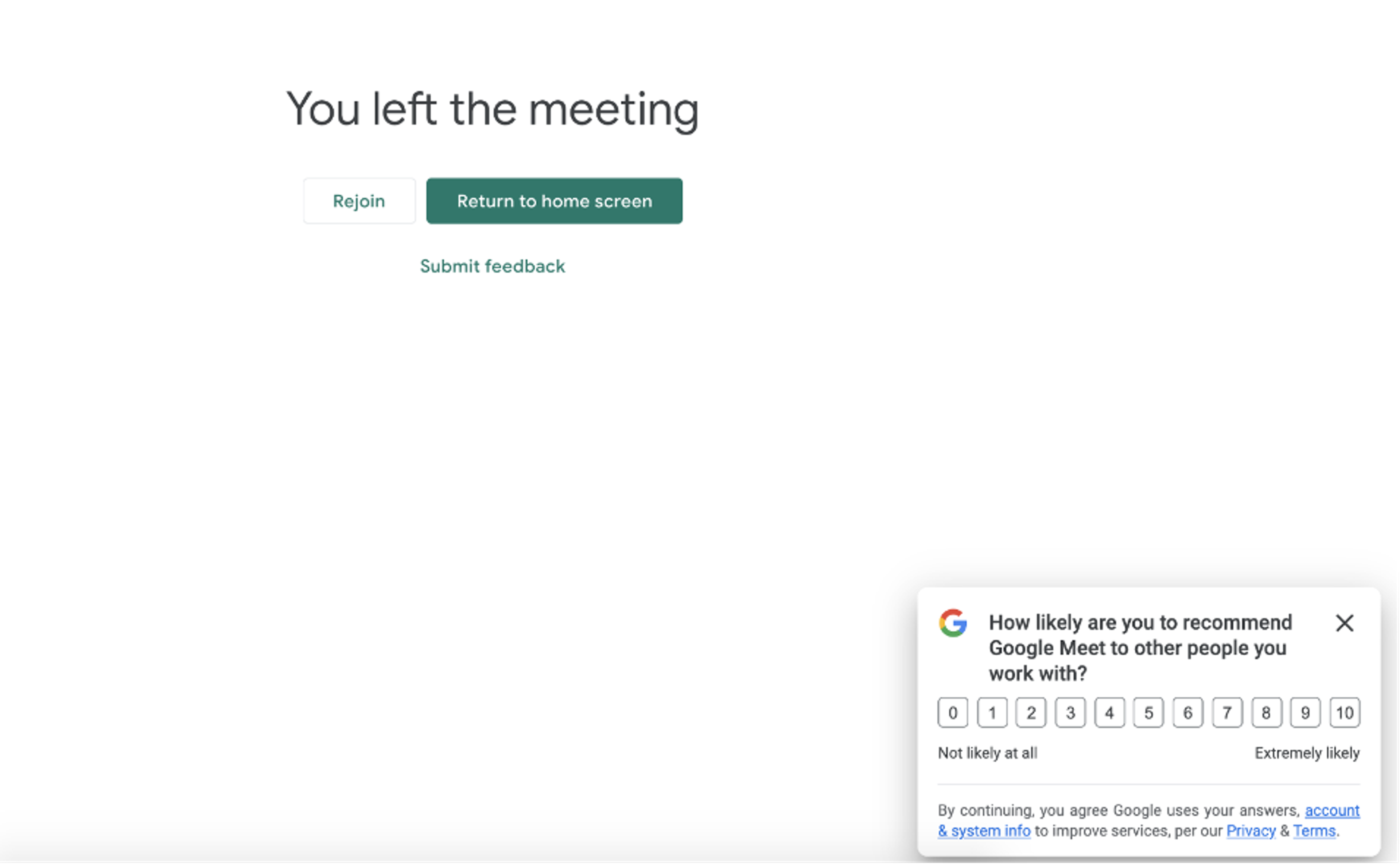 Google Meet net promoter score pop-up surveys