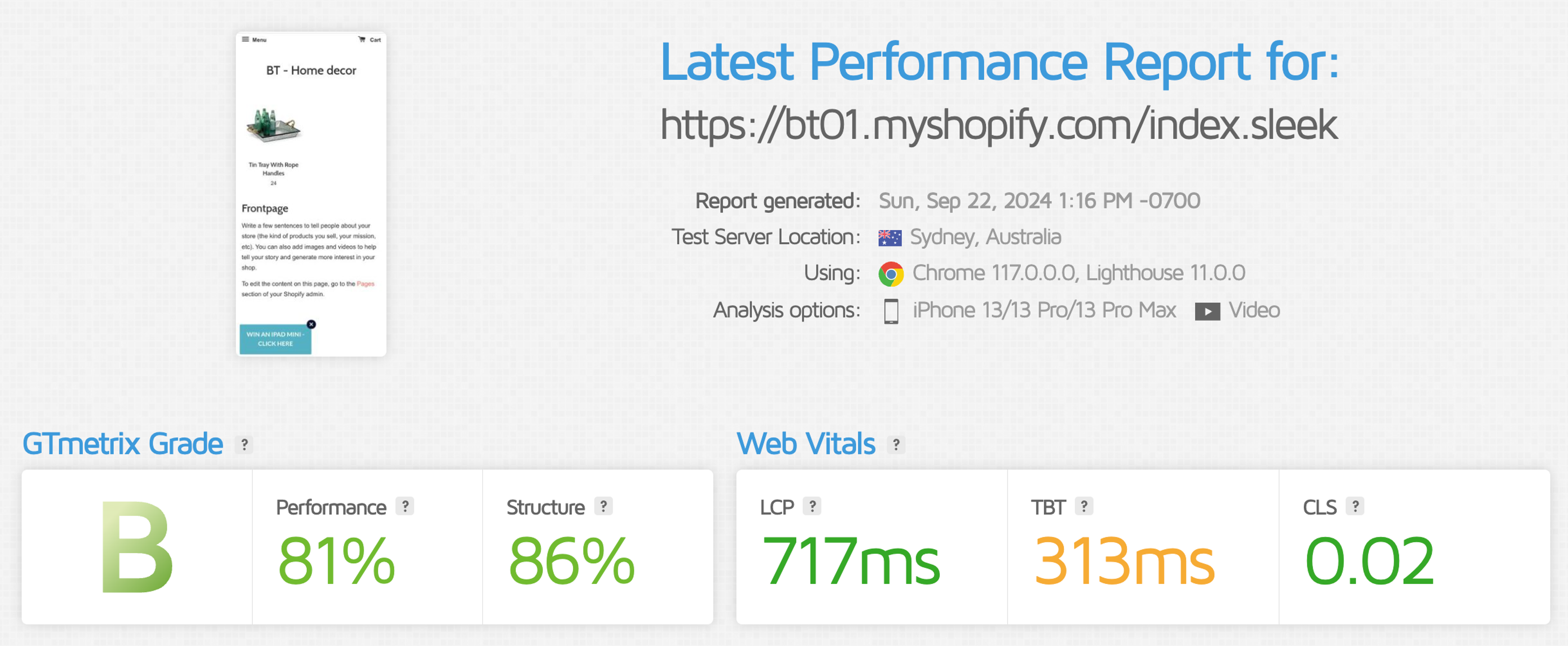 Sleeknote GTMetrix page speed results