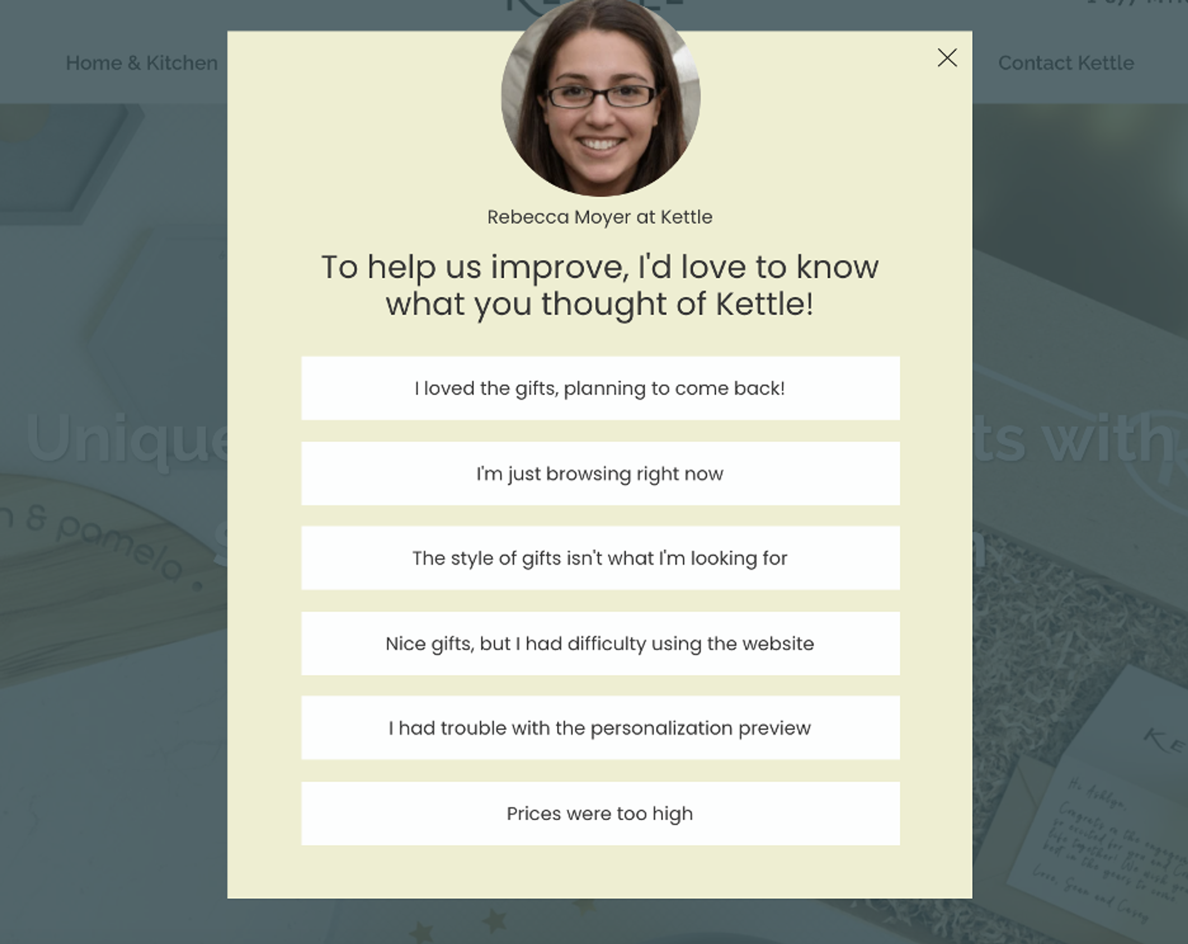Kettlegifts exit-intent popup asking for feedback from visitors.
