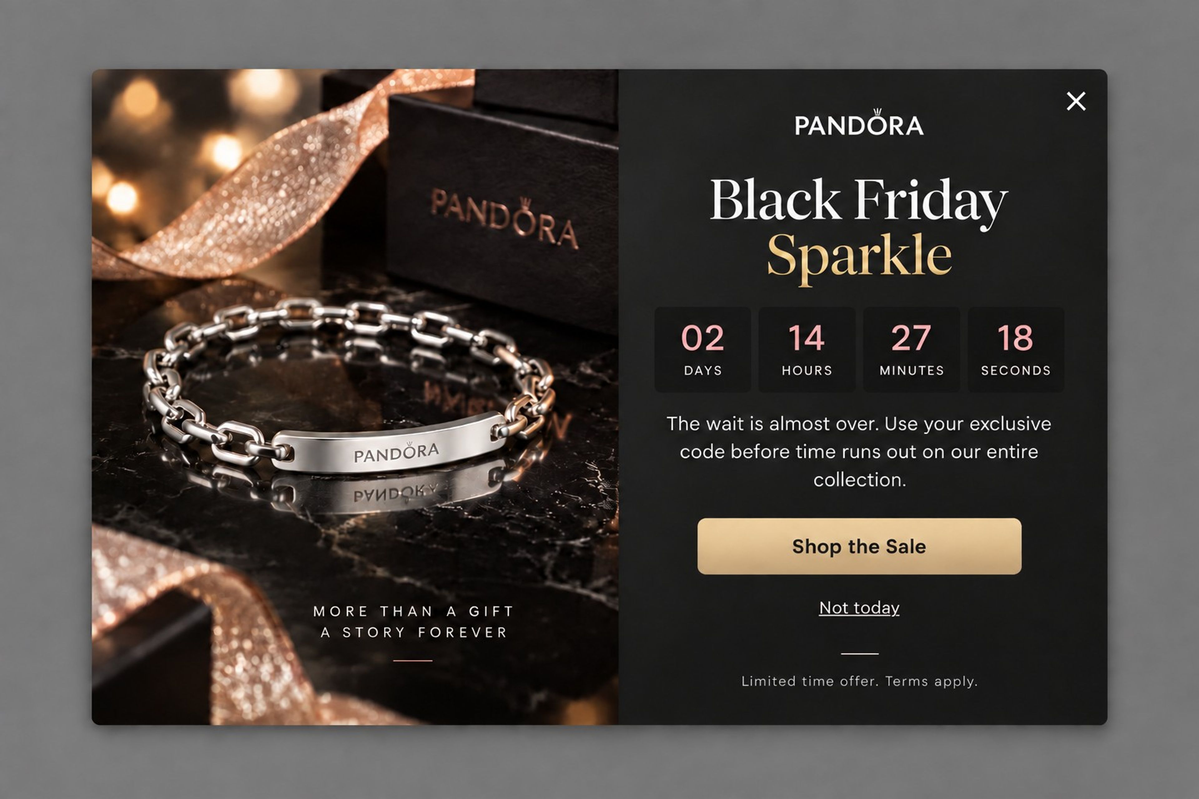 Pandora Black Friday popup with a countdown timer and a bracelet photo