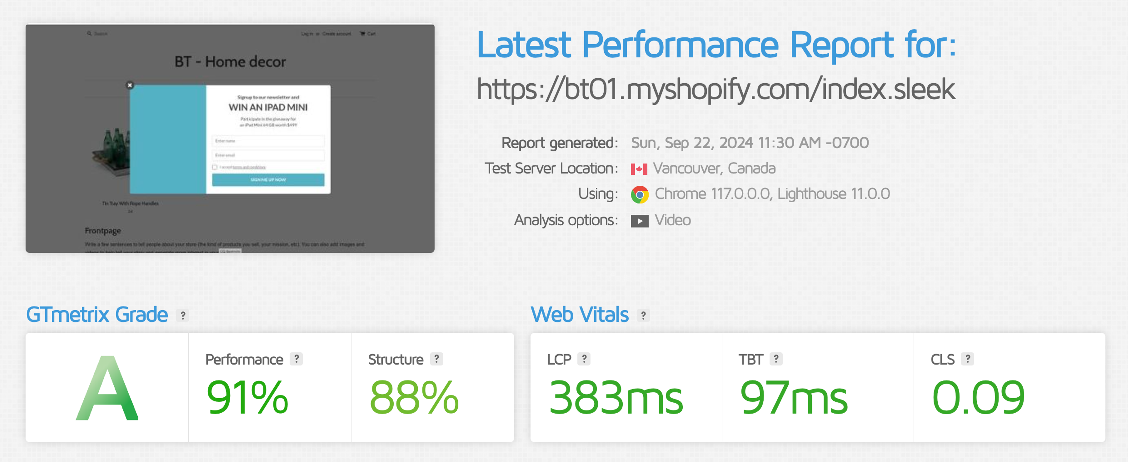 Sleeknote GTMetrix page speed results