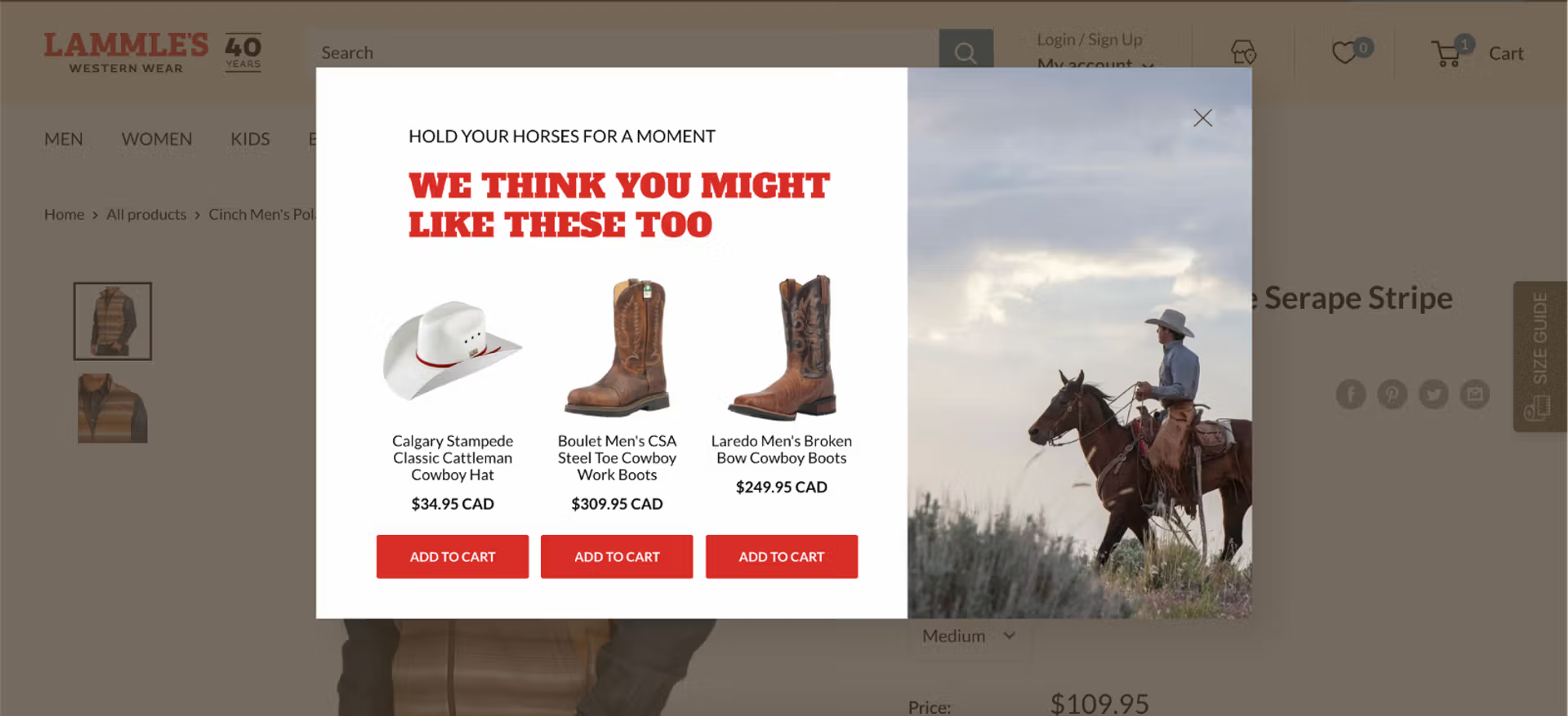 Lammle's exit-intent popup recommending a cowboy hat and two pairs of boots on a product page