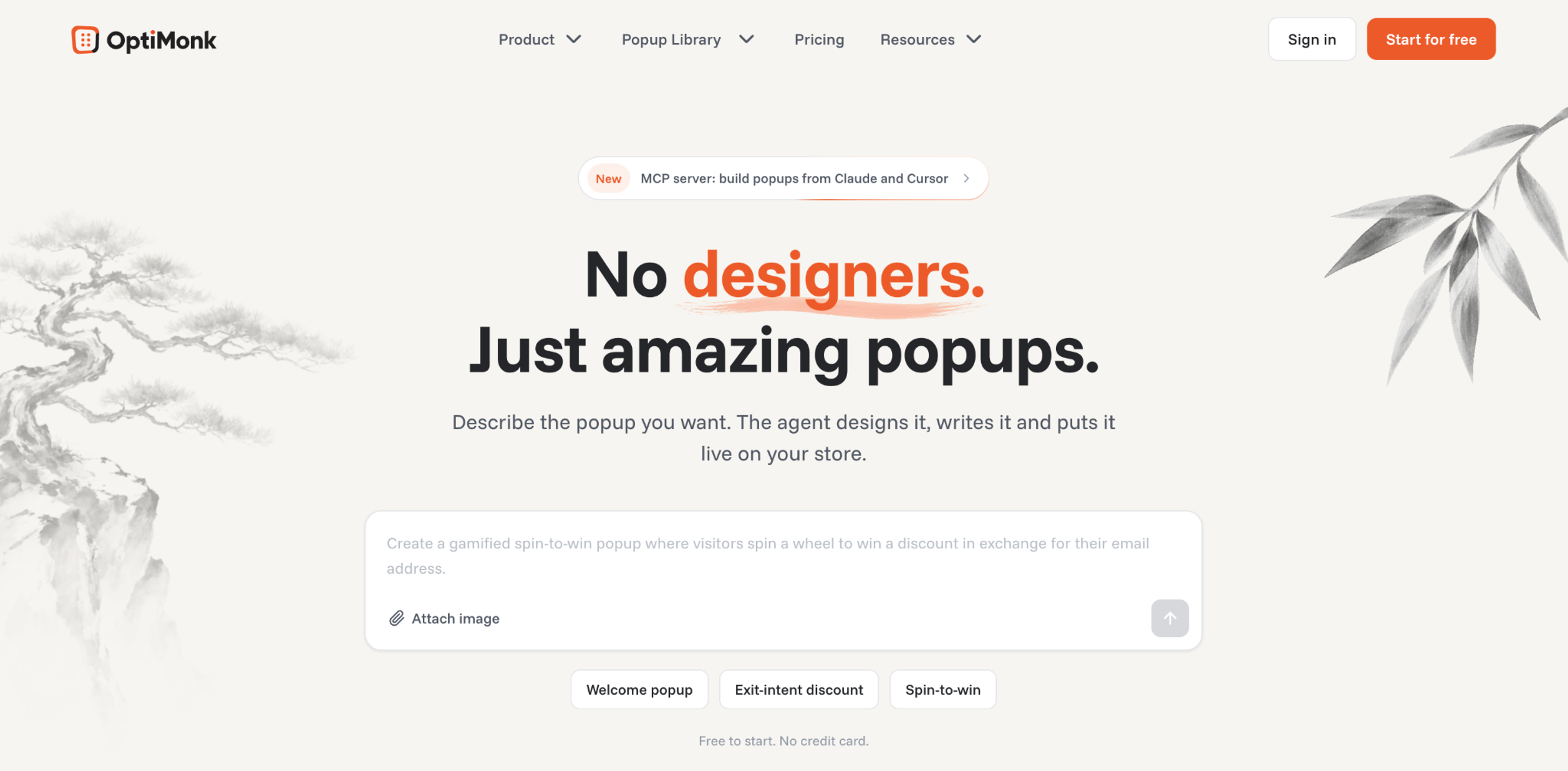 OptiMonk homepage with a prompt box where you describe the popup you want and the agent designs it