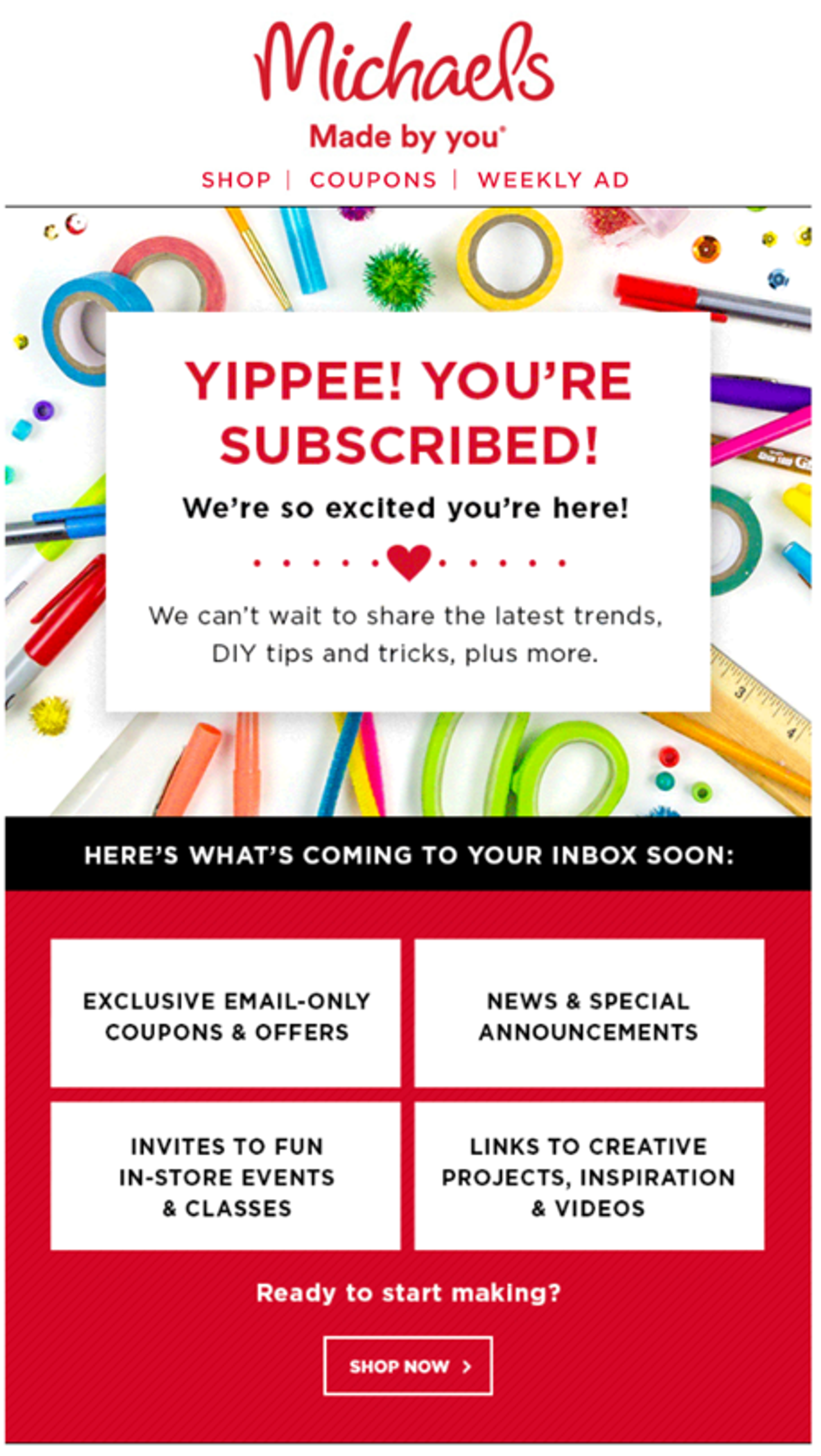 Welcome email example from Michaels