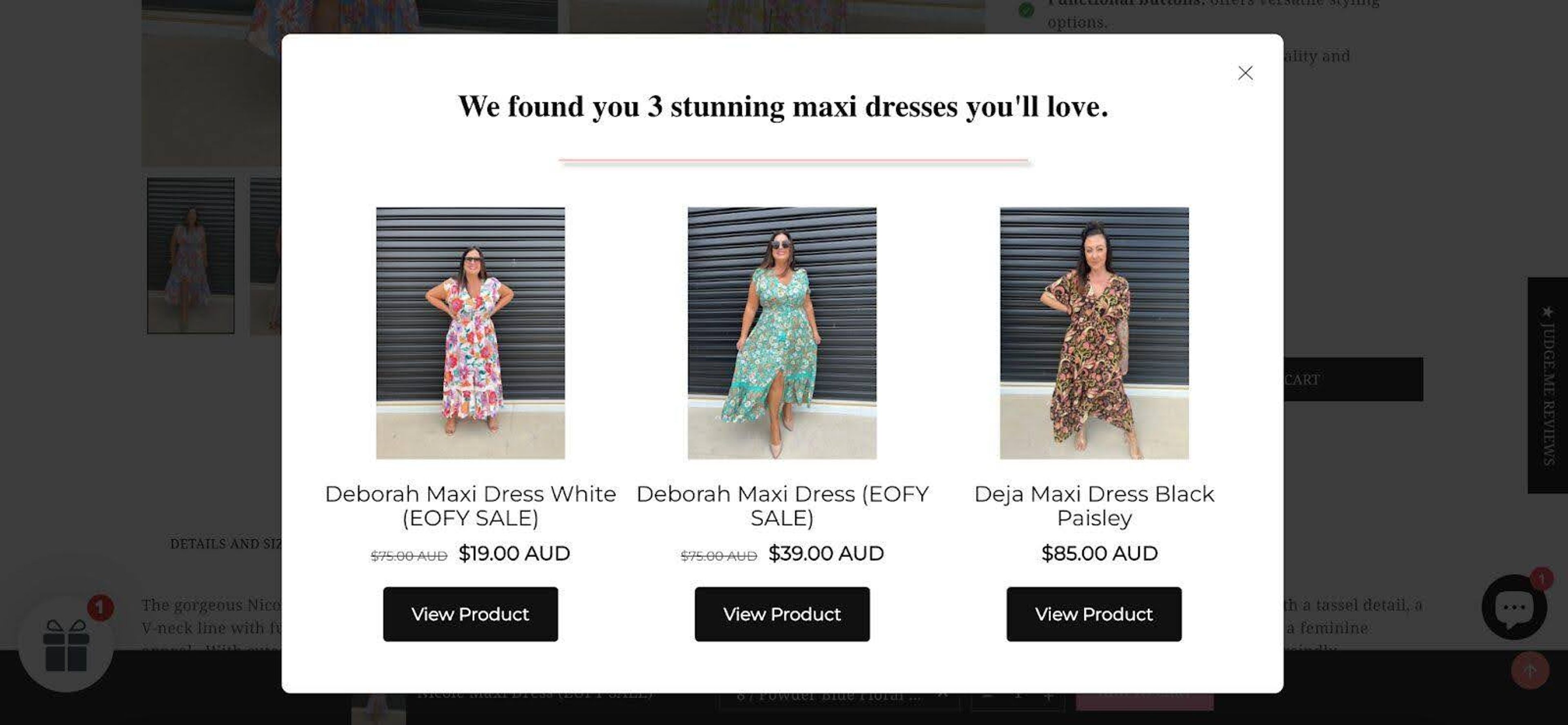 Millie n Me's pop up example offering personalized product recommendations.