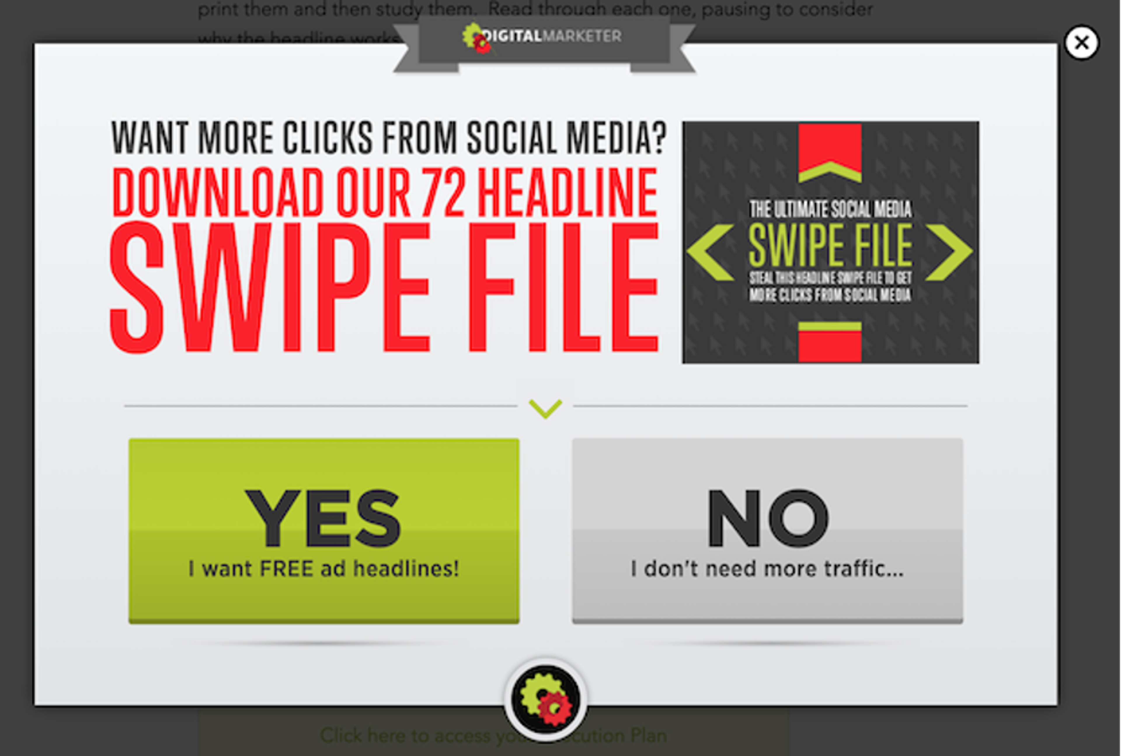 DigitalMarketer popup example offering a swipe file of 72 ad headlines with a bold call-to-action for marketers.