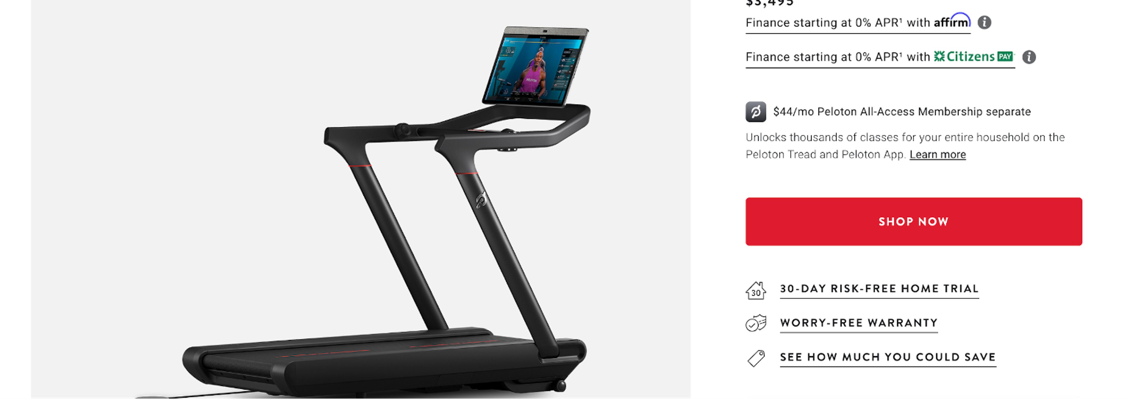 Peloton money back guarantee highlighted on product page
