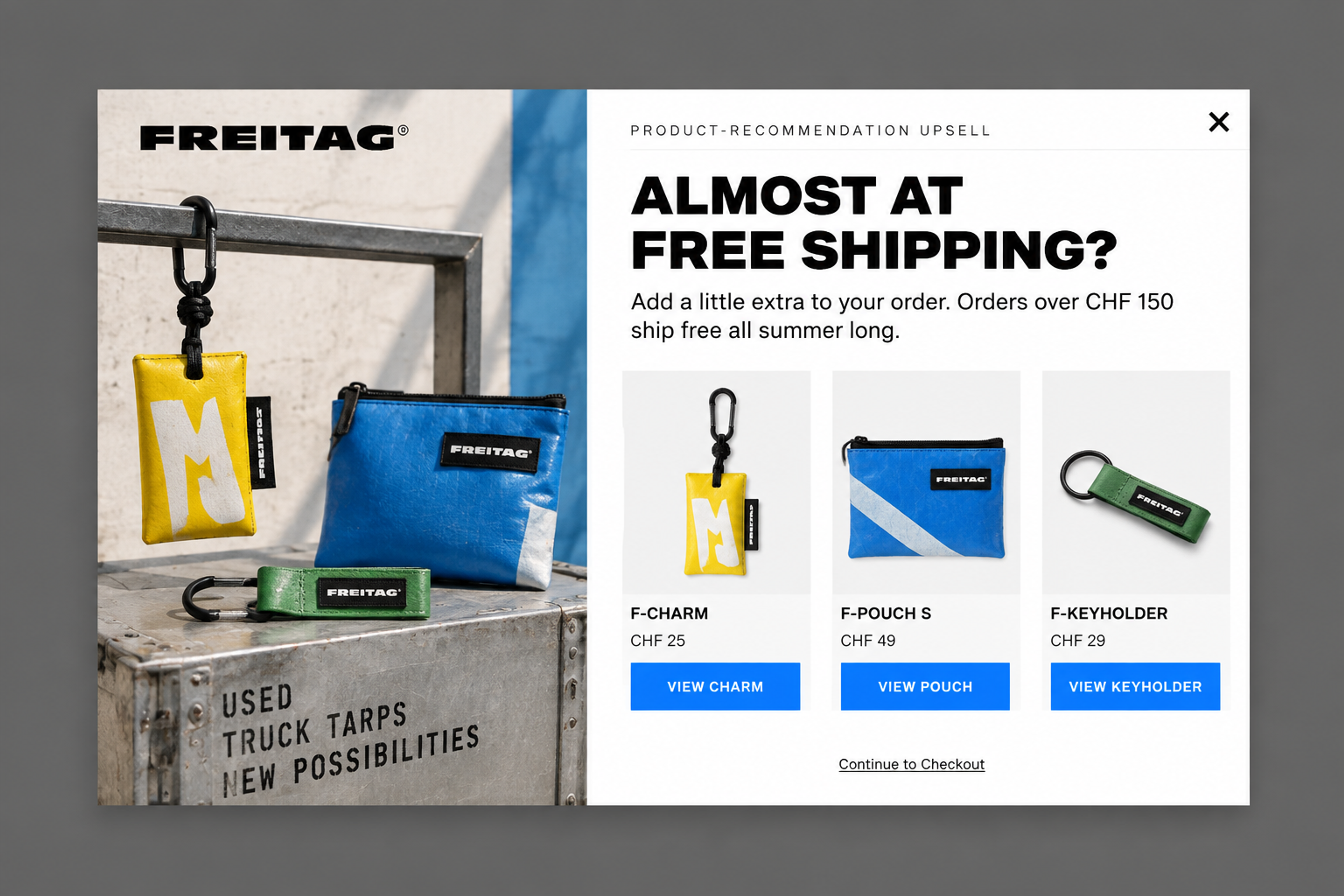 Product recommendation popup designed for Freitag: "Almost at free shipping?" with three small accessories to add to the order