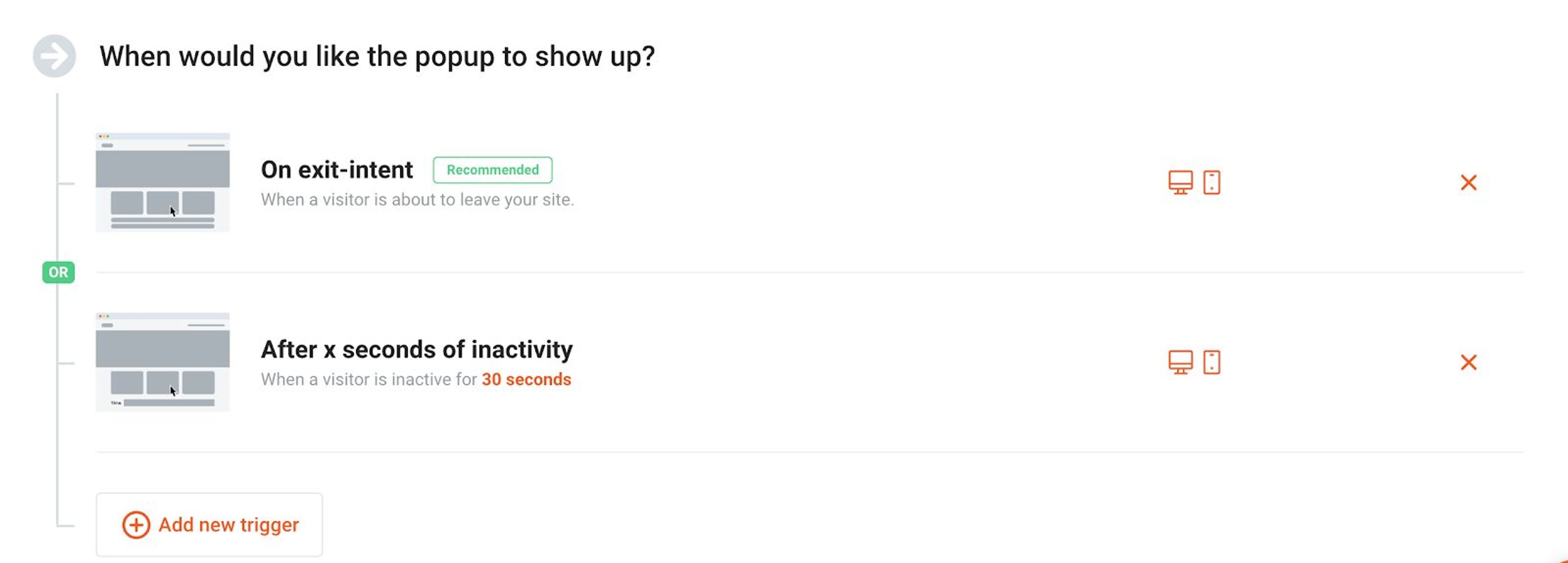 OptiMonk popup app triggering options