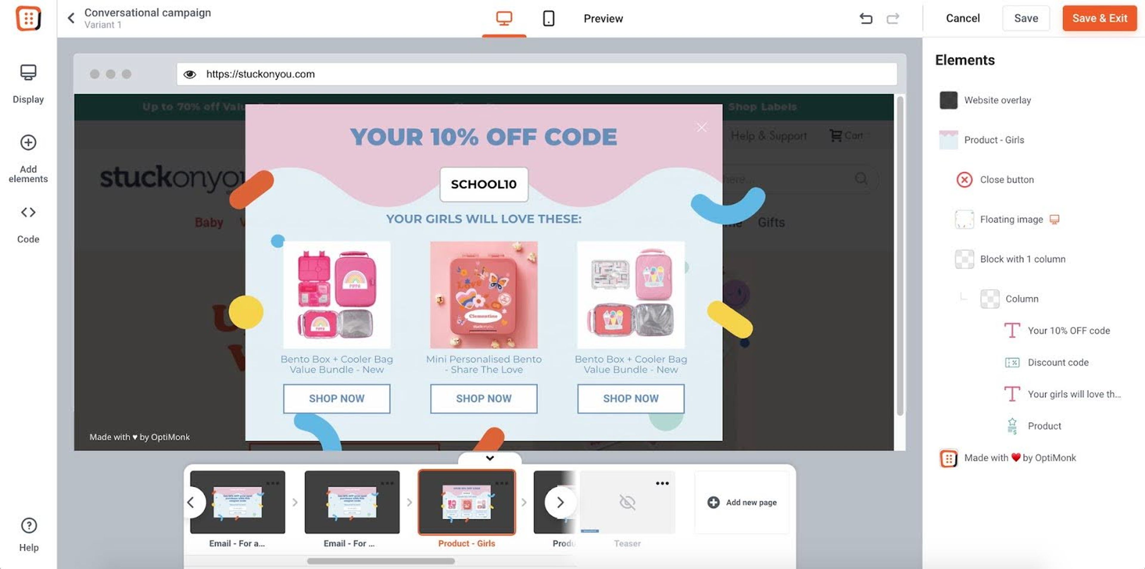 Create a quiz in OptiMonk's drag and drop editor to generate leads.