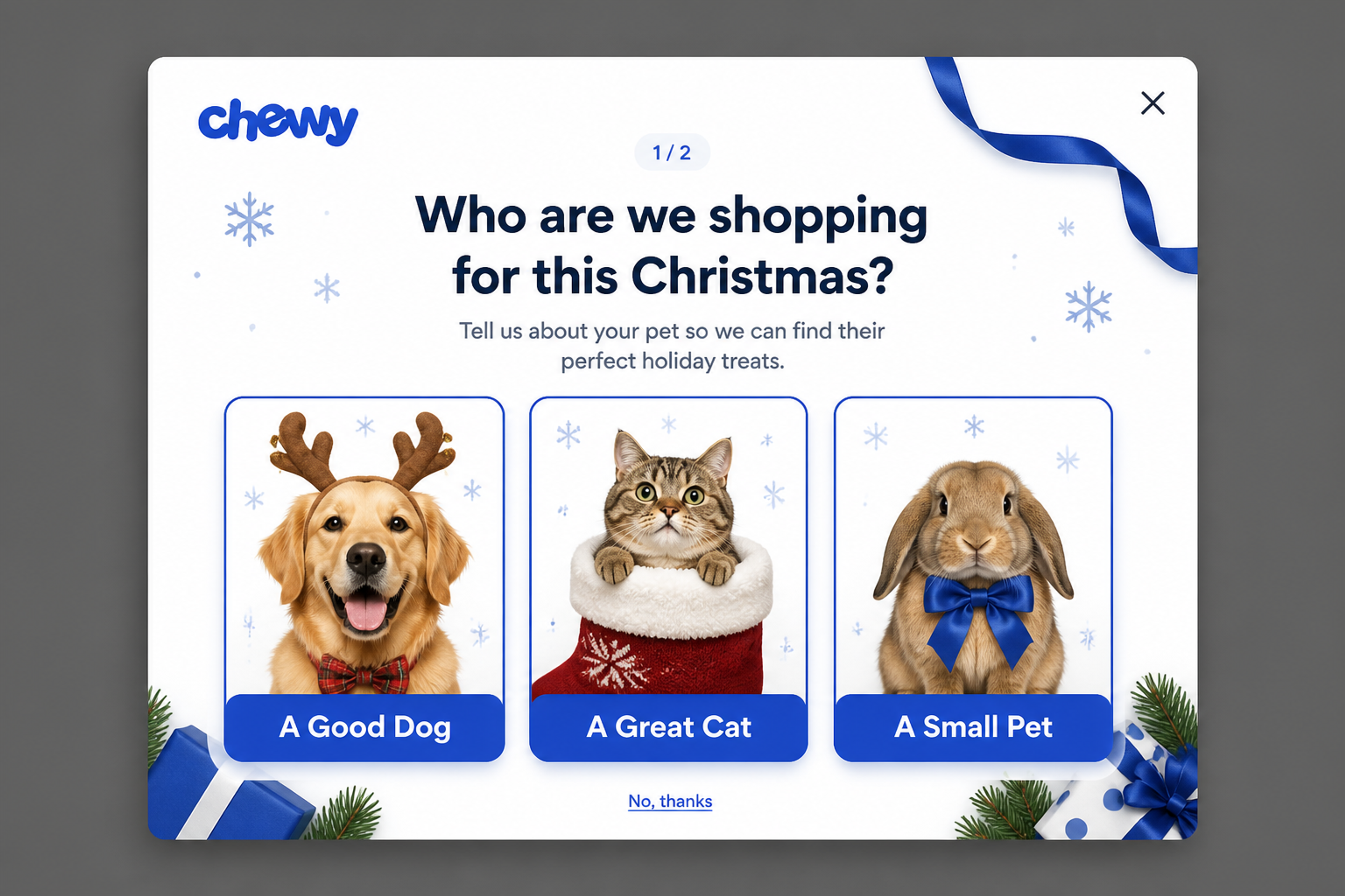 Christmas quiz popup asking which pet you are shopping for, with dog, cat and small pet options