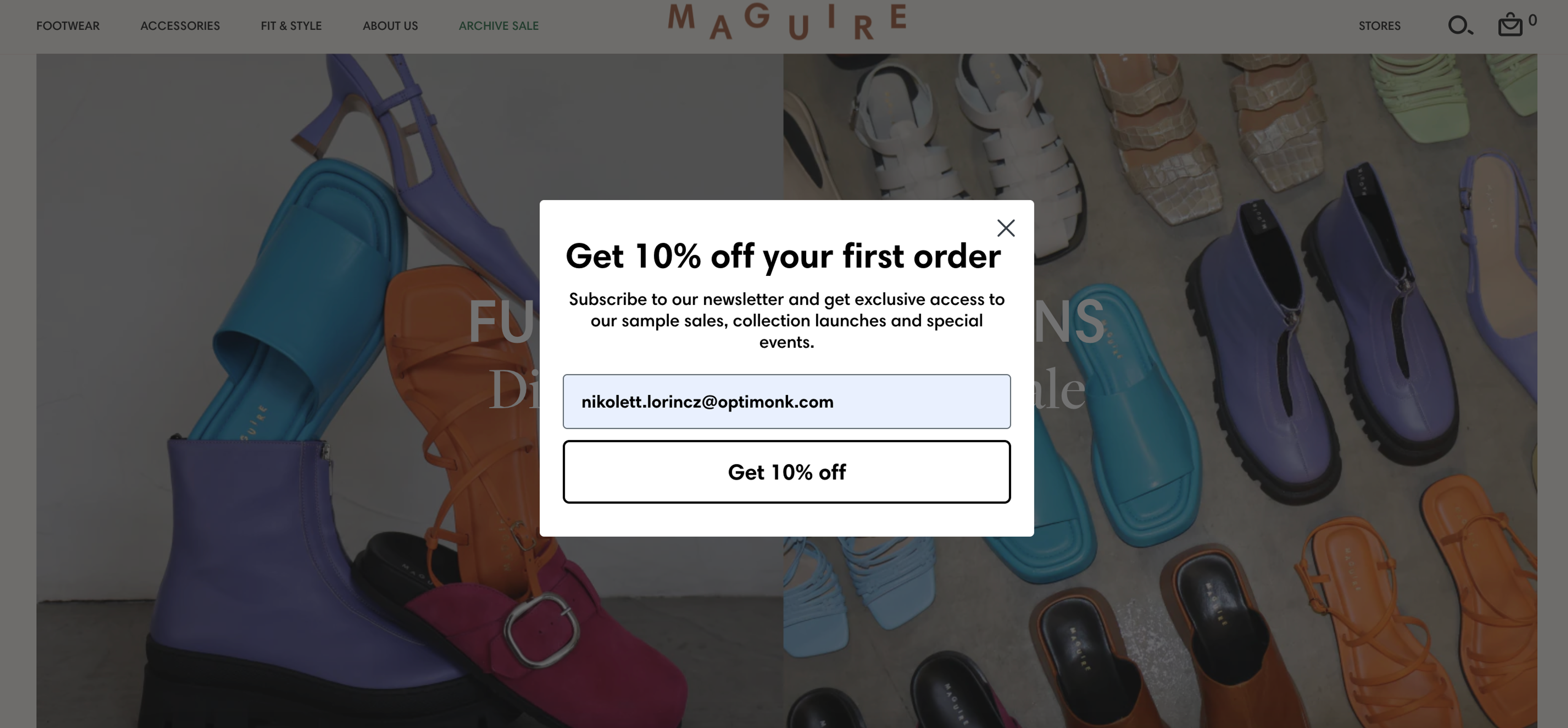 Maguire's welcome popup offers exclusive access to sample sales and special events