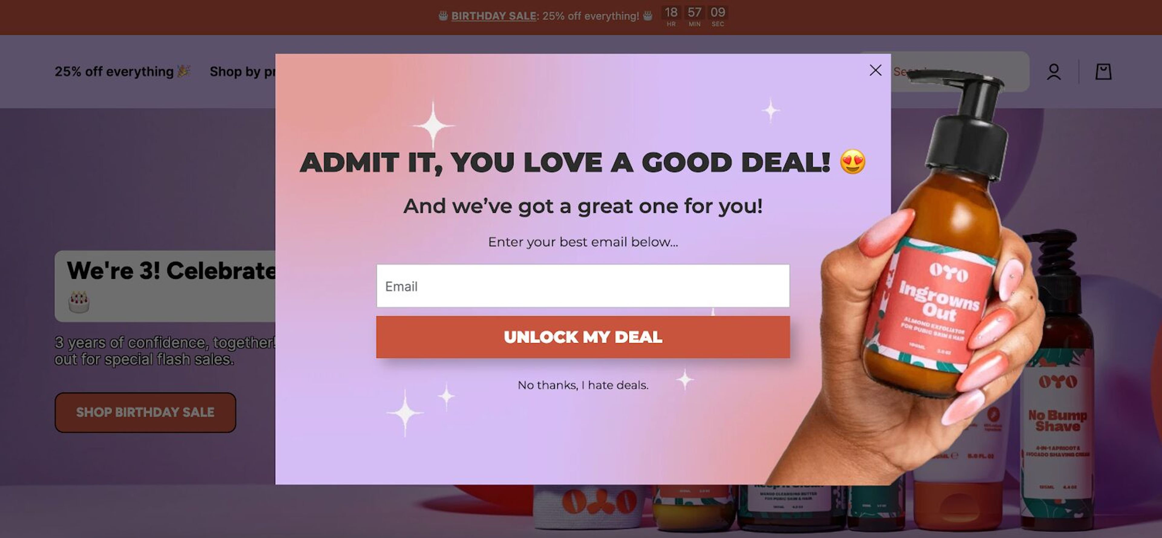 Oyo Skincare's recent sales popup is offering a good deal for website visitors.