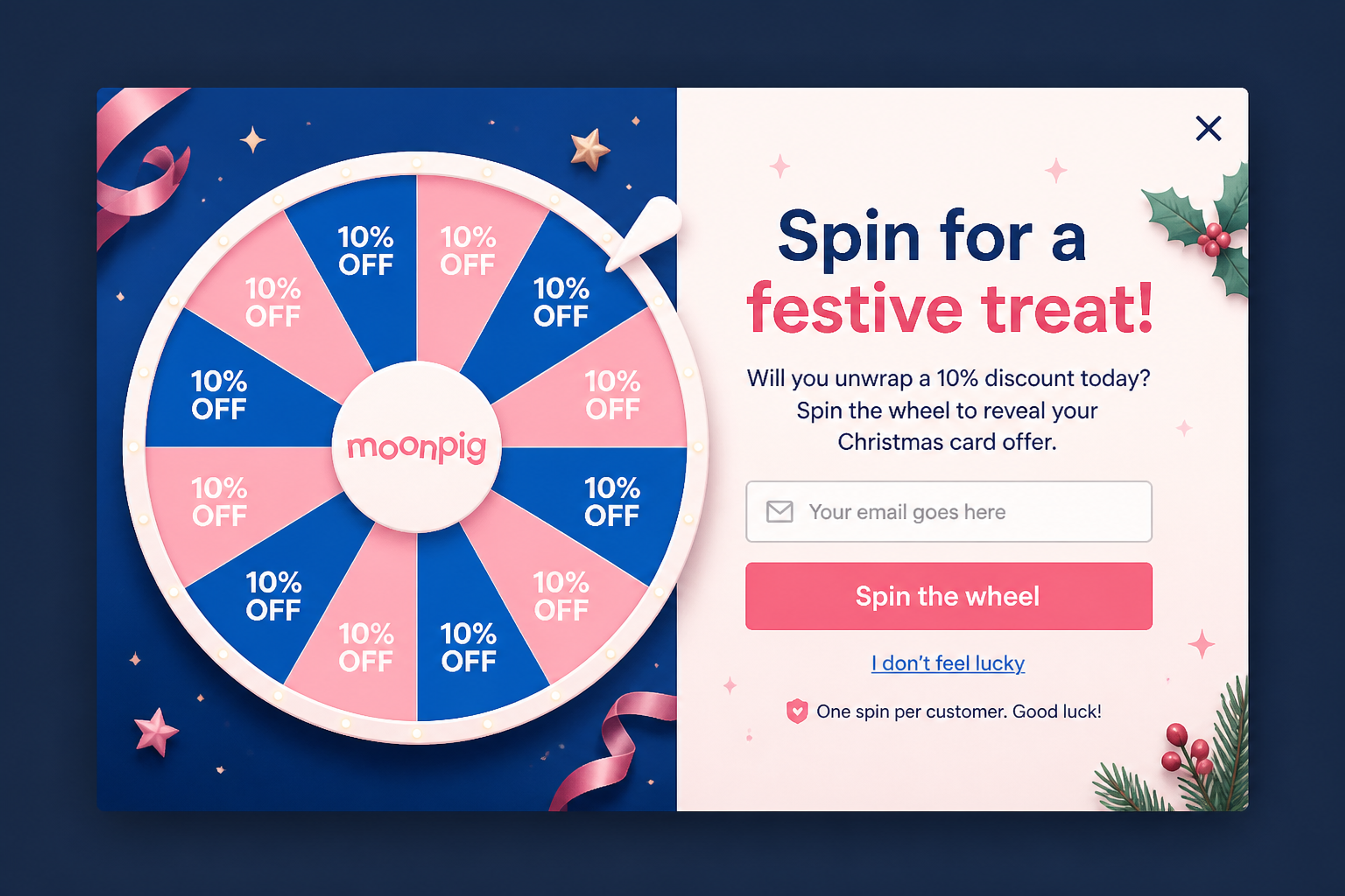 Christmas spin-to-win popup with a pink and blue festive wheel