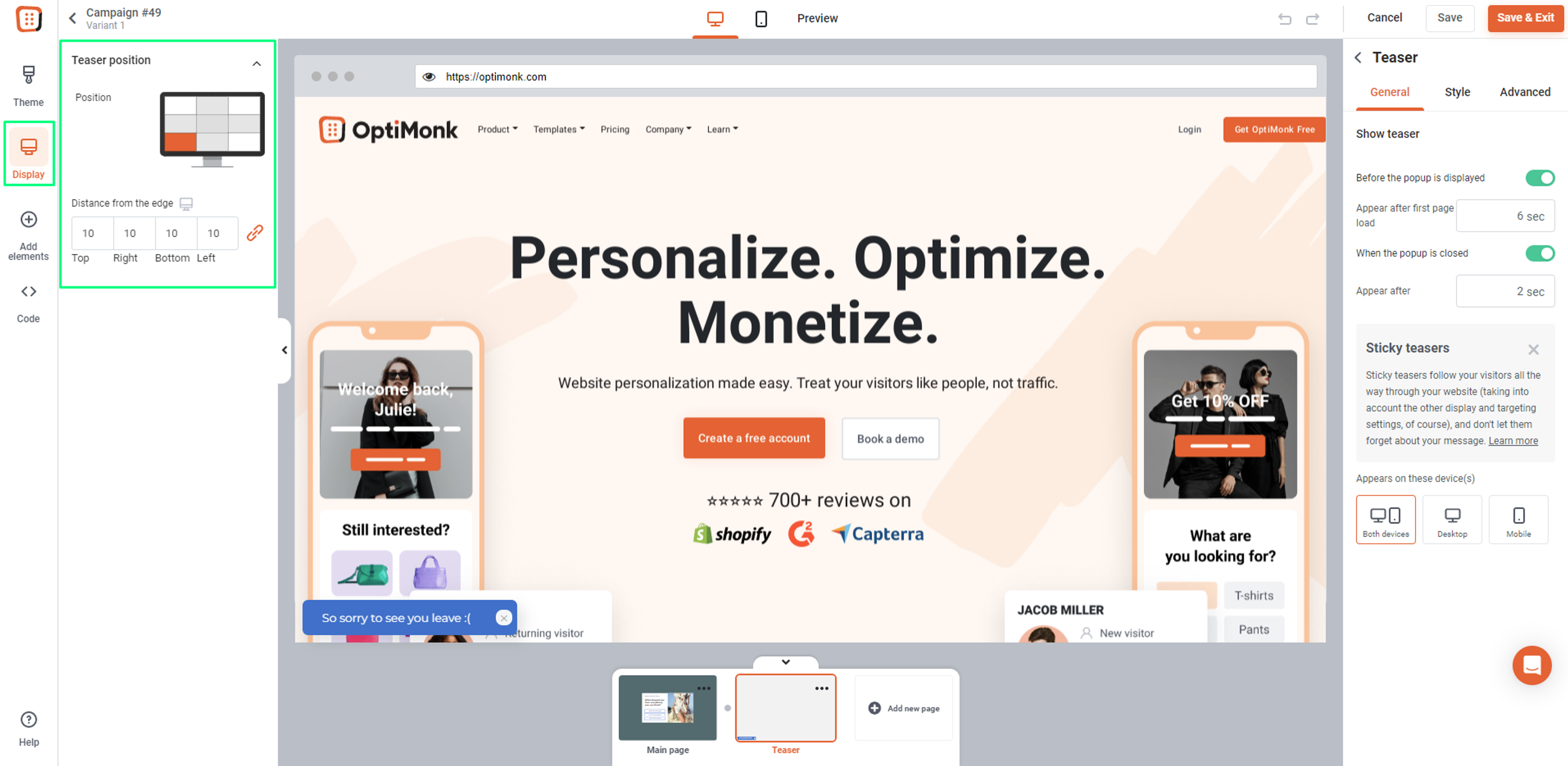 Teaser style settings in OptiMonk editor