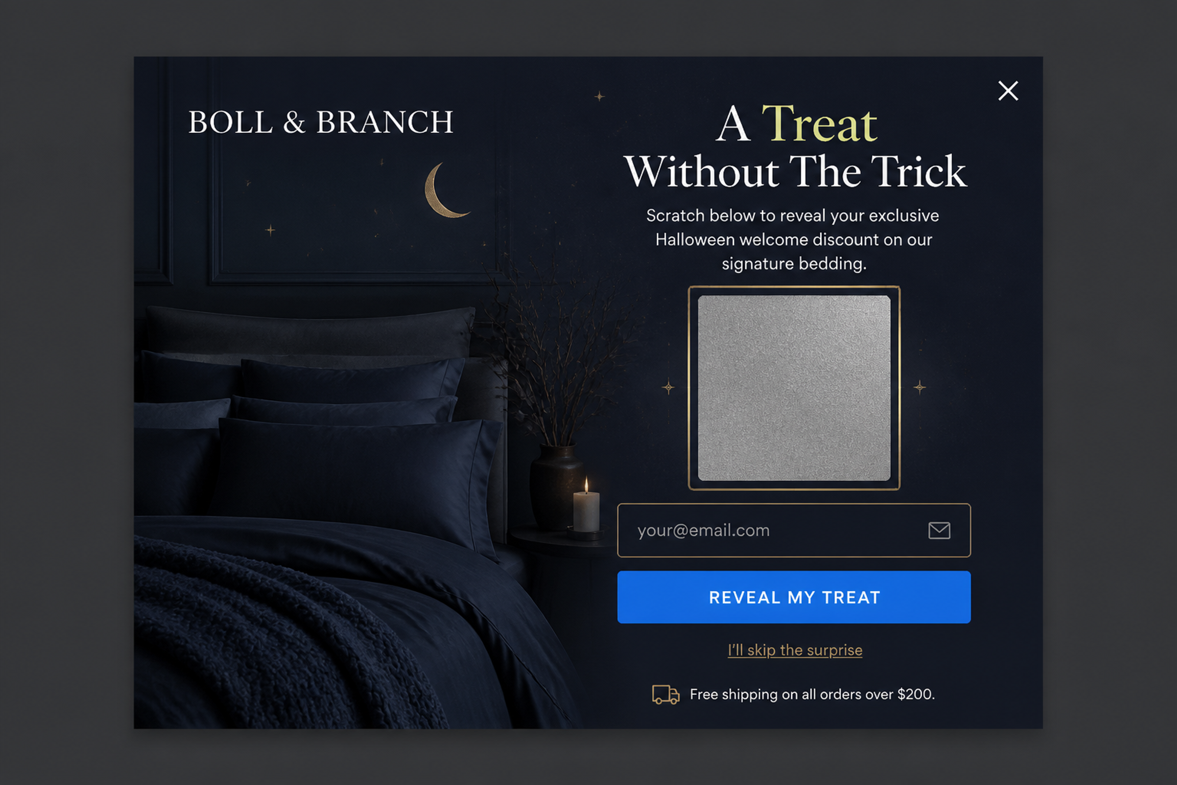 Halloween scratch card popup designed for Boll & Branch with "A treat without the trick" headline revealing a welcome discount