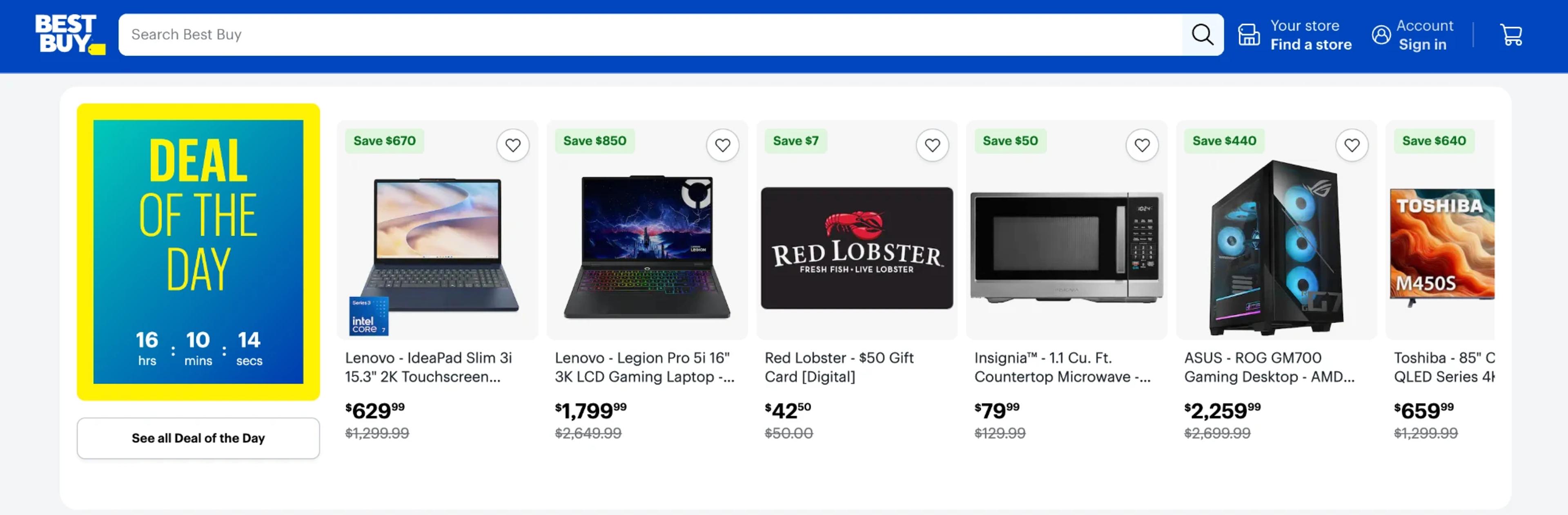 Best Buy homepage with a Deal of the Day countdown and discounted products