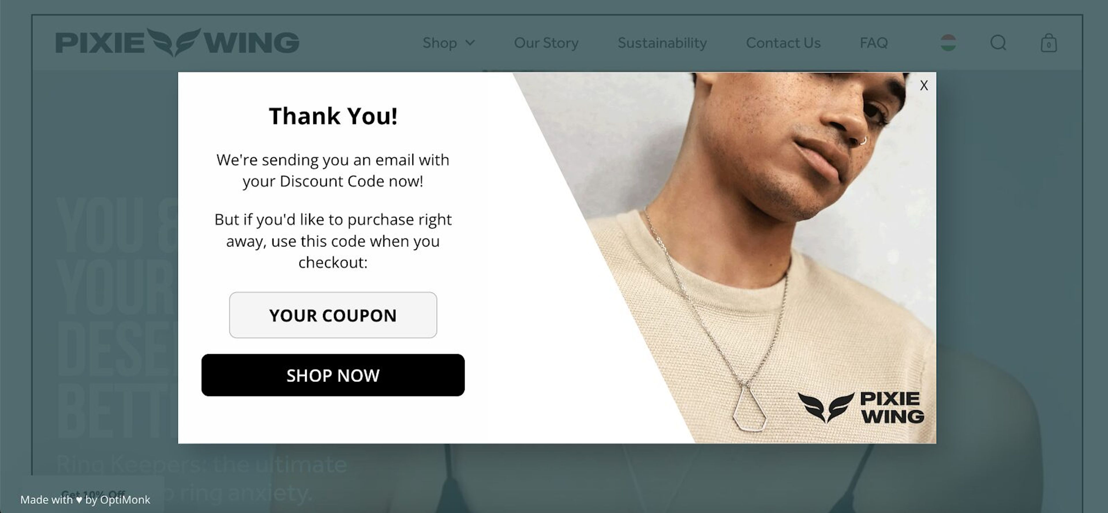 Form starts with a yes/no discount offer, followed by an optional phone number request, and ends with a coupon code